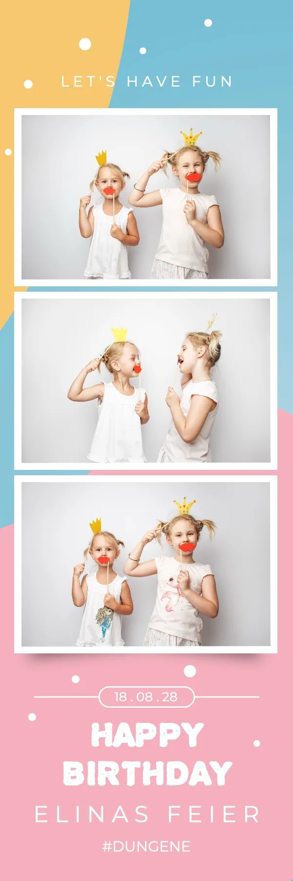 Fotobox Layout Konfetti & Kuchen im Streifen-Format – Buntes Partydesign mit Konfetti und Girlanden zum Geburtstag