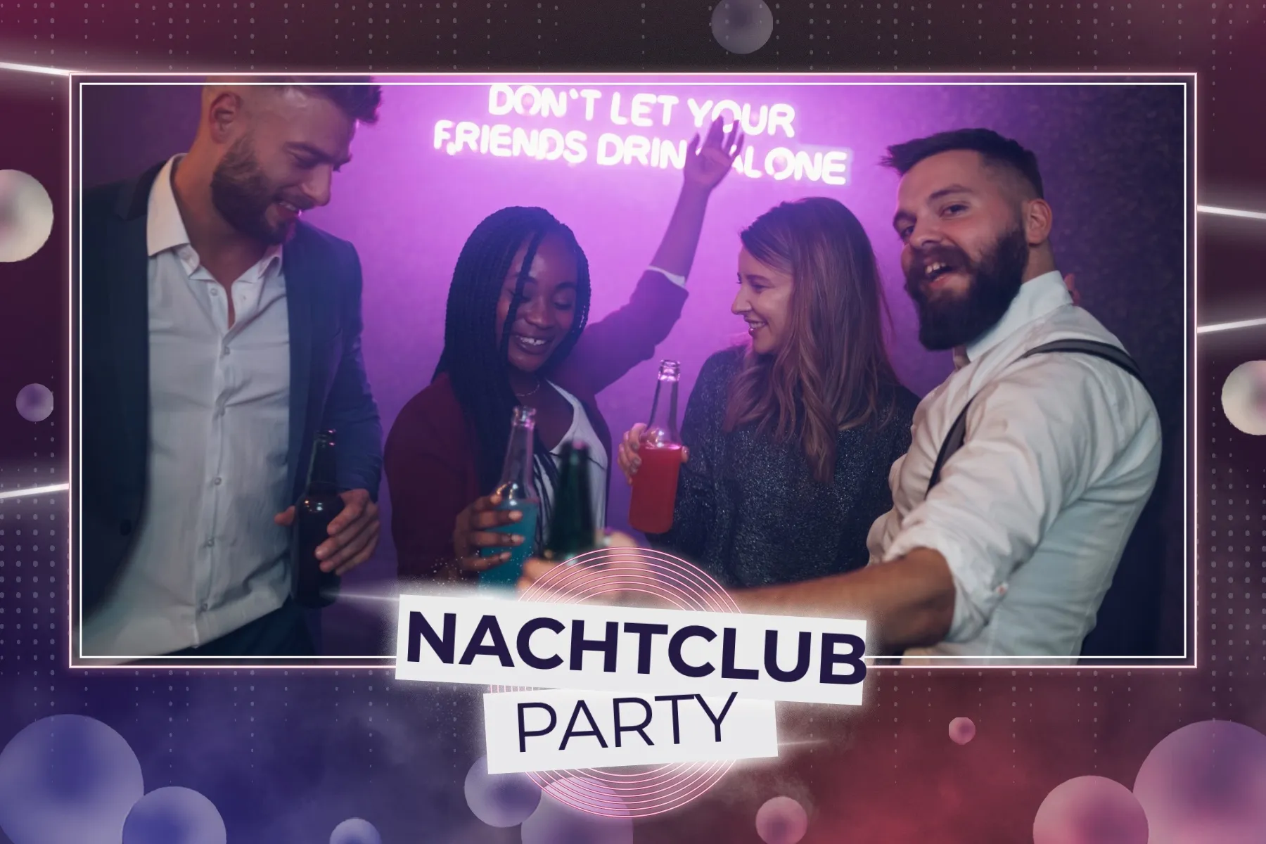 Fotobox Layout Nachtclub Party im Standard-Format – Dunkles Club-Design mit Neon-Lichteffekten und Lichtkugeln für die Partynacht