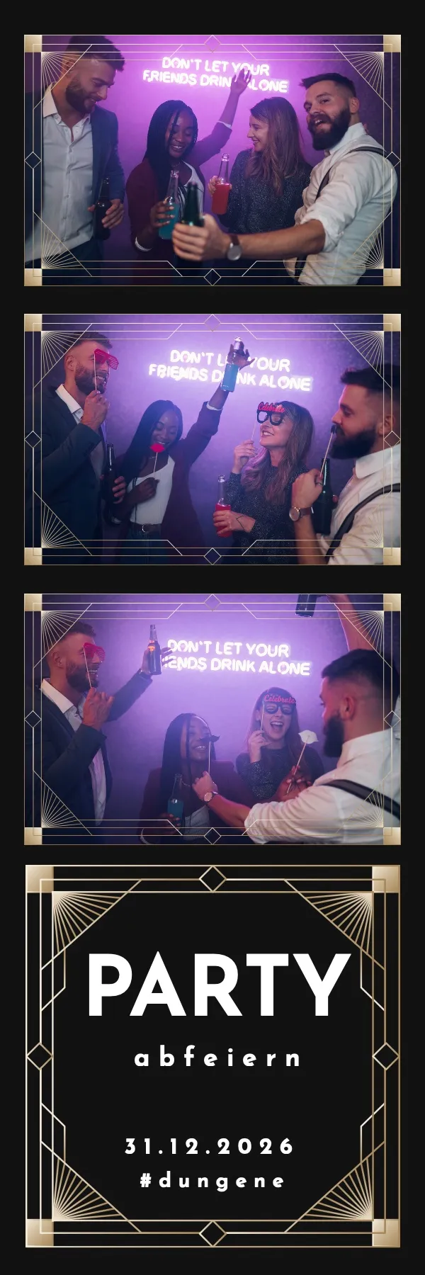 Fotobox Layout Silvester Minimal im Streifen-Format – Reduziertes Silvesterdesign mit klarer Typografie und Countdown