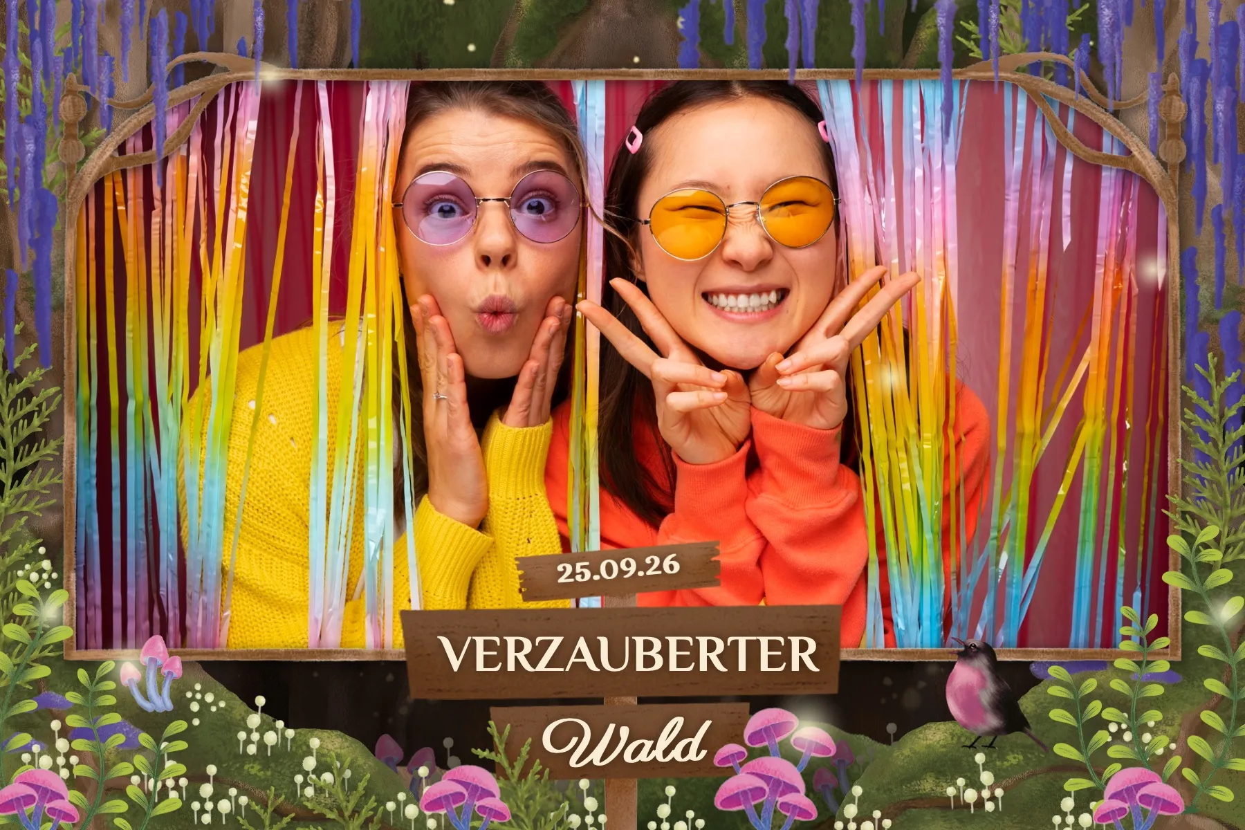 Fotobox Layout Zauberwald im Standard-Format – Mystisches Walddesign mit Glühwürmchen und verwunschener Atmosphäre