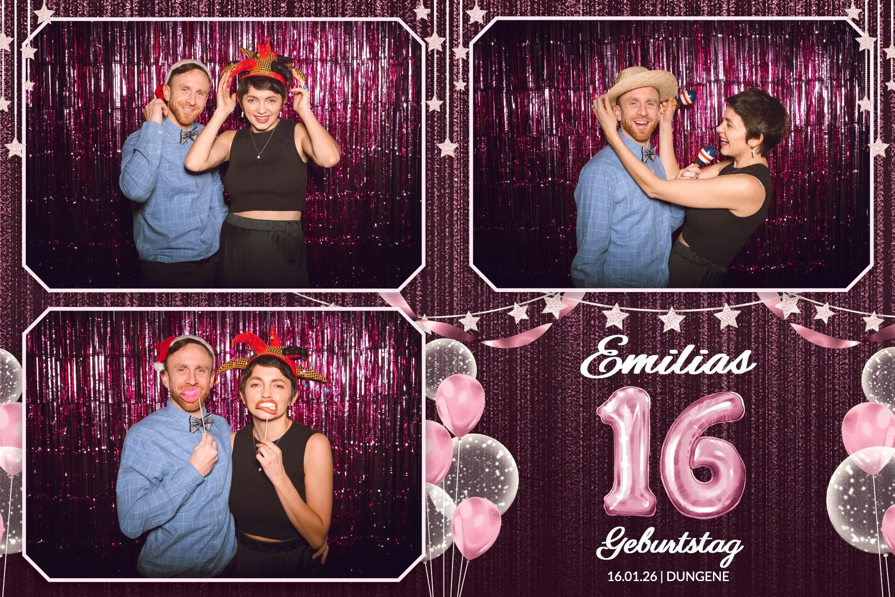 Fotobox Layout Sweet 16 Pink im Standard-Format – Funkelndes Pink-Design mit Sternen und Glitzervorhang – die Zahl 16 ist als Folienballon fester Bestandteil des Layouts