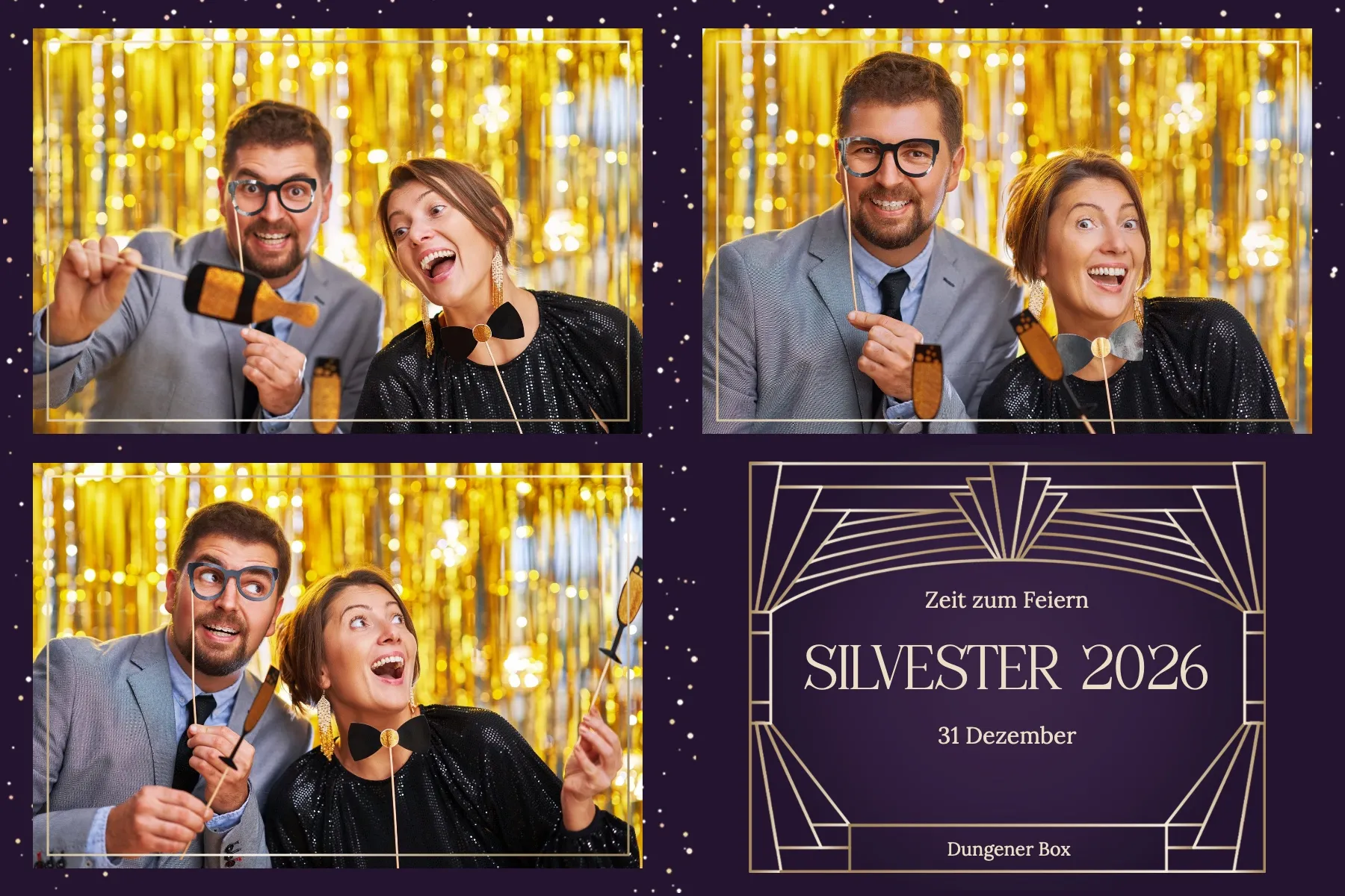 Fotobox Layout Neujahrsglanz im Standard-Format – Elegantes Silvesterdesign mit Feuerwerk und goldenen Akzenten