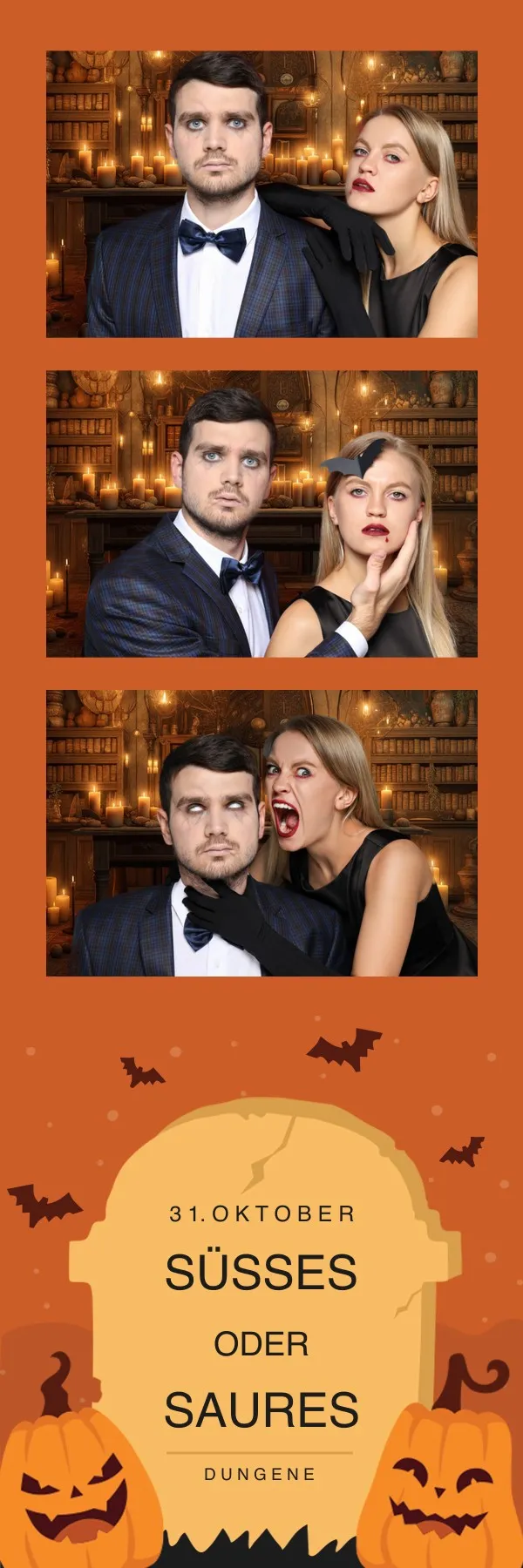 Fotobox Layout Süßes oder Saures im Streifen-Format – Gruseliges Halloween-Design mit Kürbissen und Fledermäusen für Kinder und Familien
