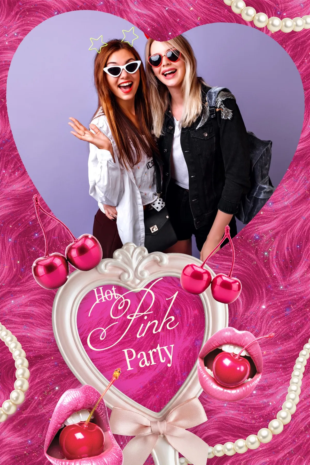 Fotobox Layout Hot Pink Party im Standard-Format – Knalliges Pink-Design mit Herzrahmen, Kirschen und Perlen für eine wilde Party