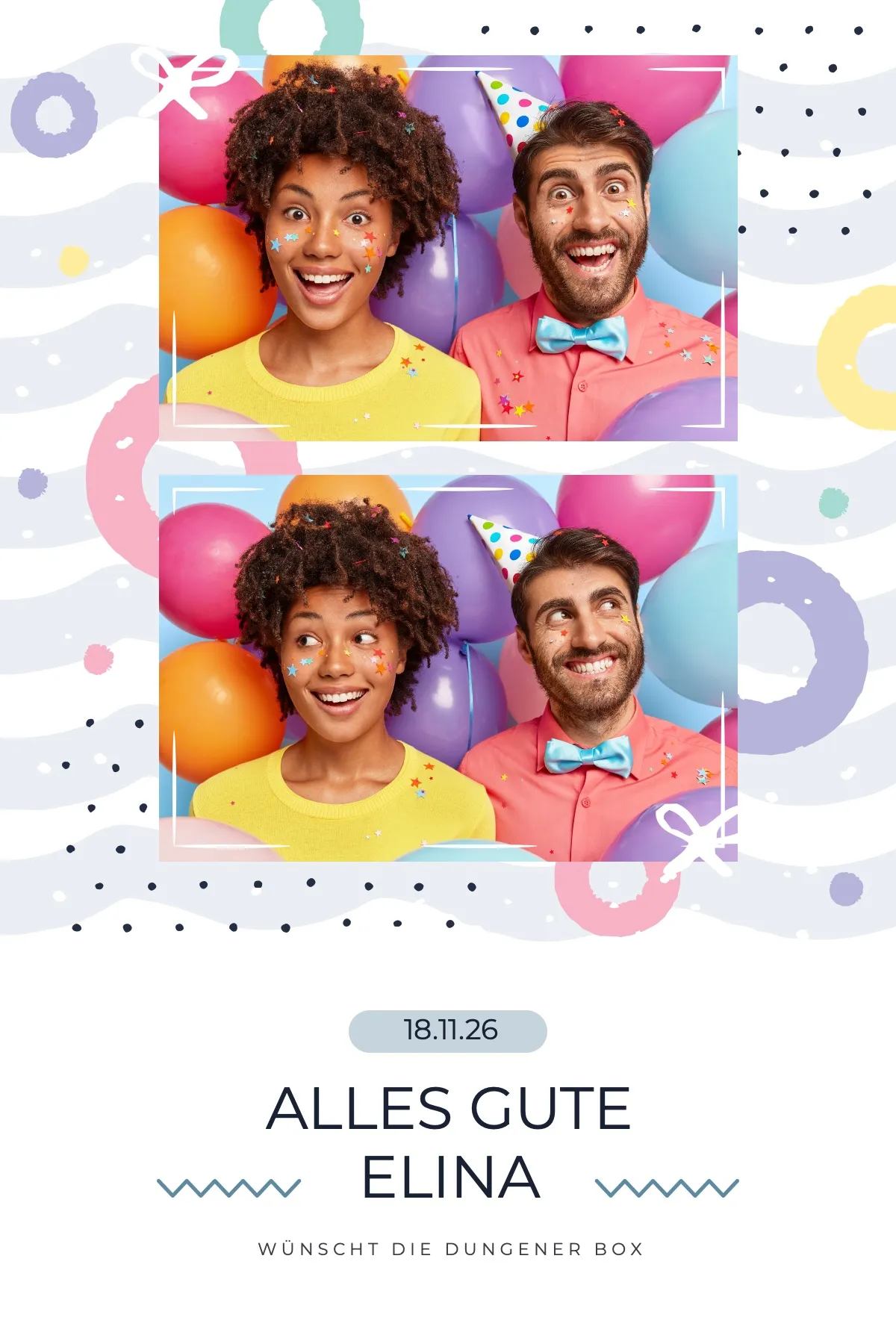 Fotobox Layout Geburtstag Modern im Standard-Format – Verspieltes Design mit bunten Luftballons und Geschenk-Motiven für jede Geburtstagsfeier