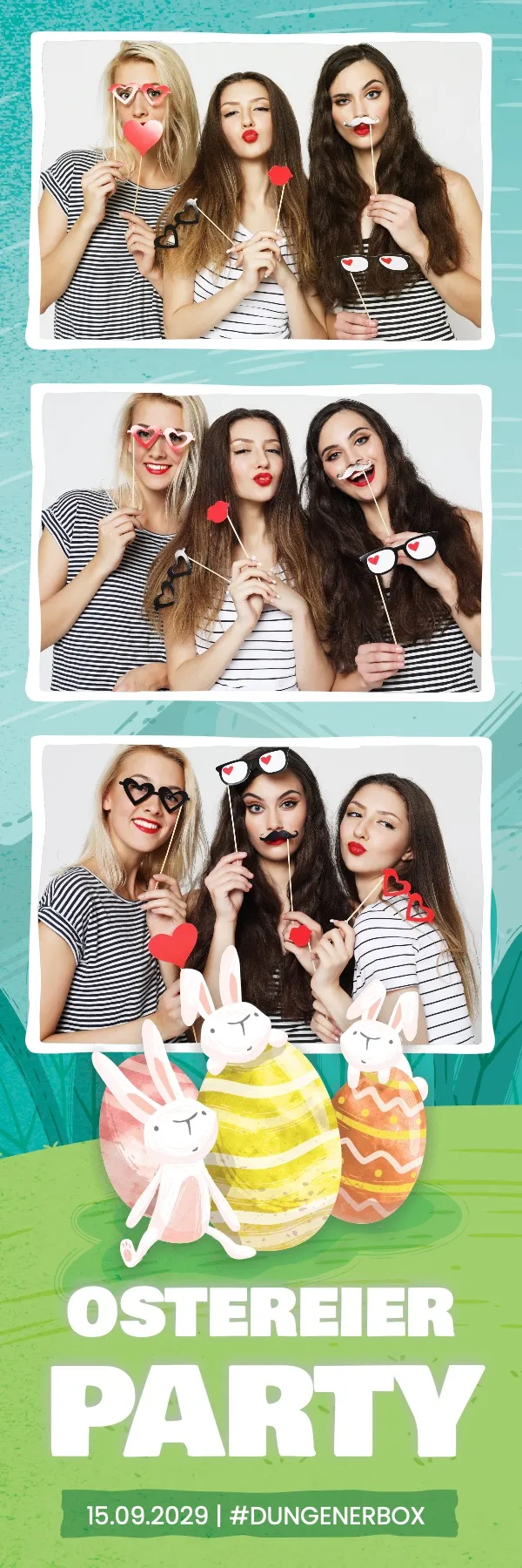 Fotobox Layout Ostereiersuche im Streifen-Format – Fröhliches Osterdesign mit bunten Eiern und Frühlingswiese