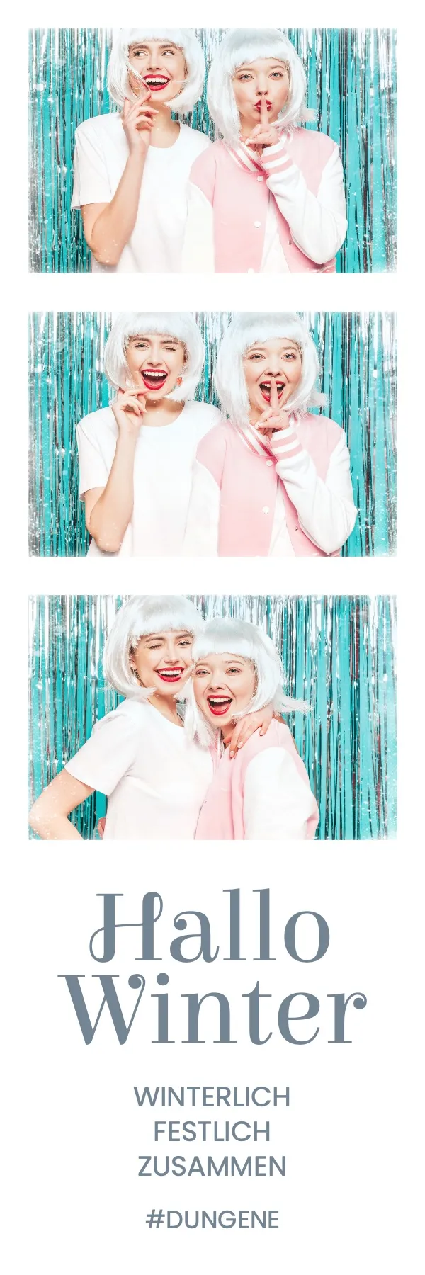 Fotobox Layout Hallo Winter im Streifen-Format – Verschneites Winterdesign mit eisblauem Hintergrund und Schneeflocken