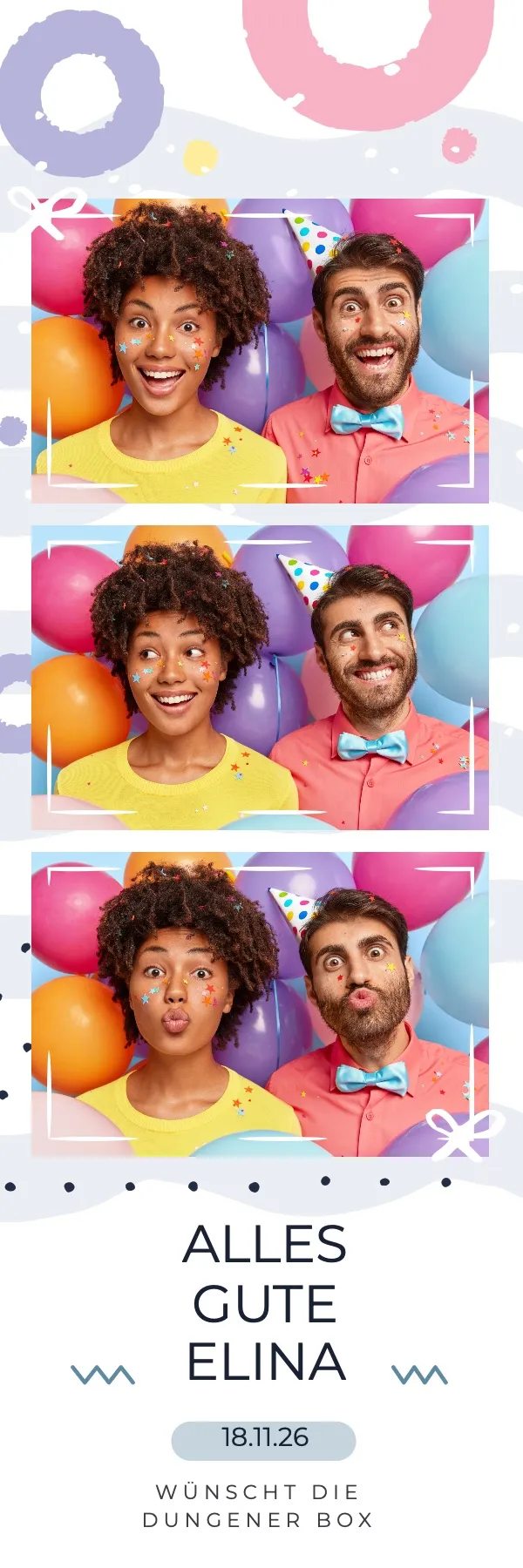 Fotobox Layout Geburtstag Modern im Streifen-Format – Verspieltes Design mit bunten Luftballons und Geschenk-Motiven für jede Geburtstagsfeier