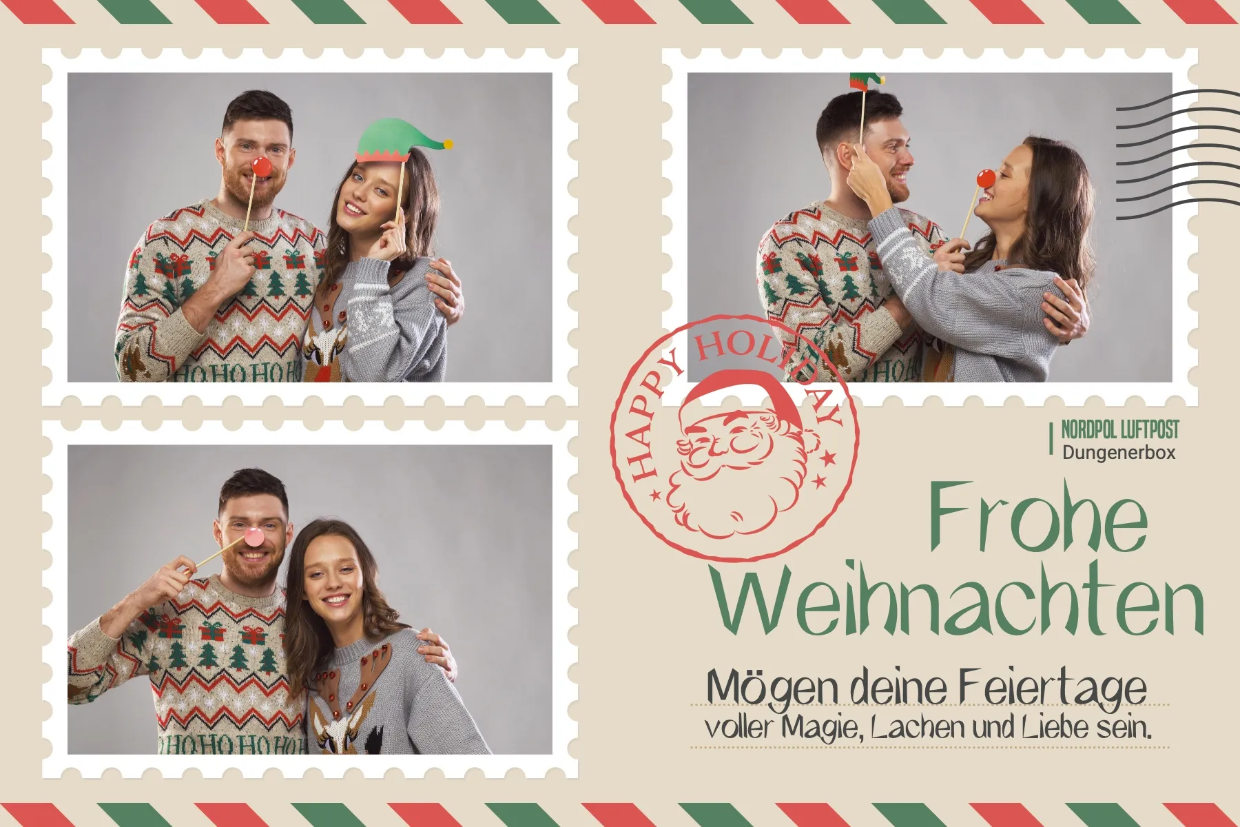 Fotobox Layout Weihnachtspost im Standard-Format – Nostalgisches Luftpost-Design mit Briefmarken und Wintermotiven