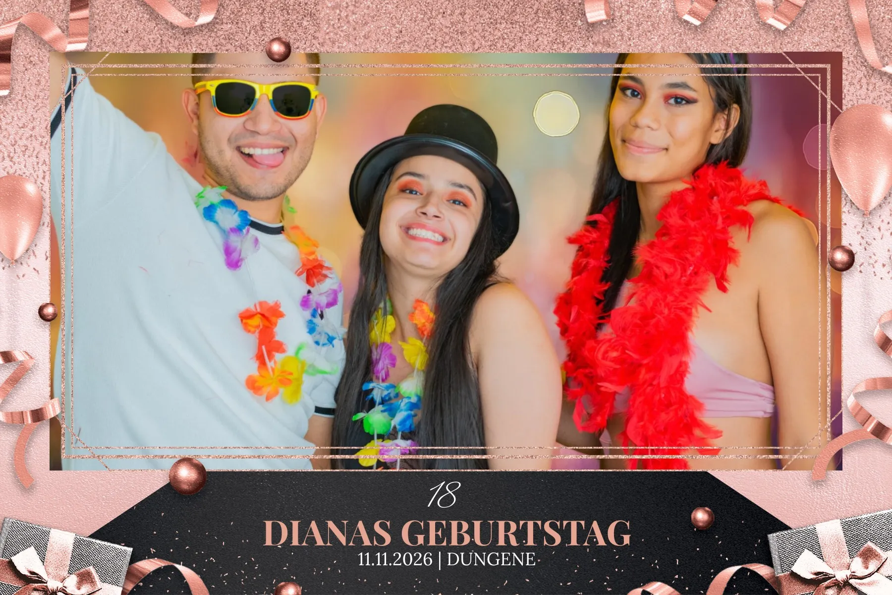Fotobox Layout Roségold Glamour im Standard-Format – Festlicher Roségold-Rahmen mit Glitzer und Schleifen für elegante Geburtstagsfeiern