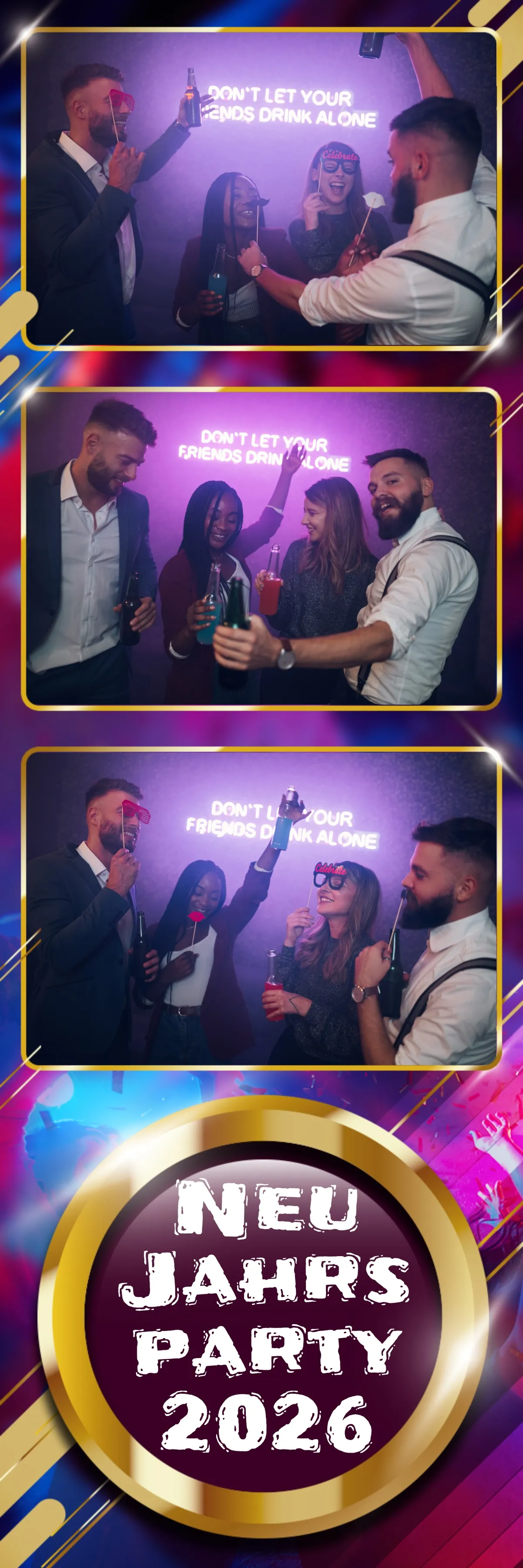 Fotobox Layout Neujahrsparty im Streifen-Format – Festliches Silvester-Design mit goldener Medaille und Neon-Party-Atmosphäre
