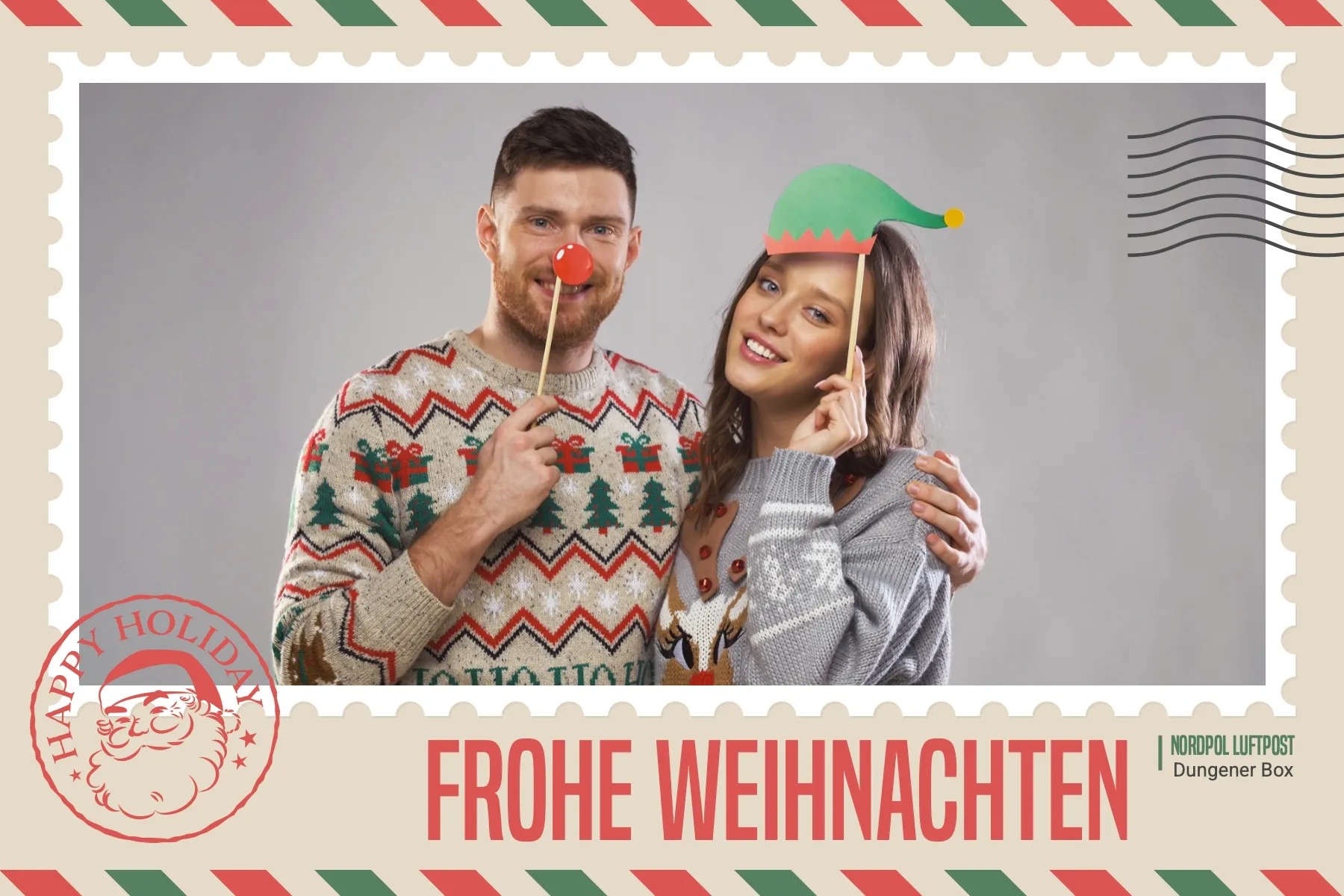 Fotobox Layout Weihnachtspost im Standard-Format – Nostalgisches Luftpost-Design mit Briefmarken und Wintermotiven