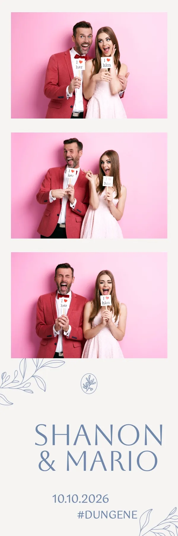 Fotobox Layout Hochzeit Modern Rosa im Streifen-Format – Rosafarbener Hintergrund mit blauen Blattmotiven für eine moderne Hochzeit