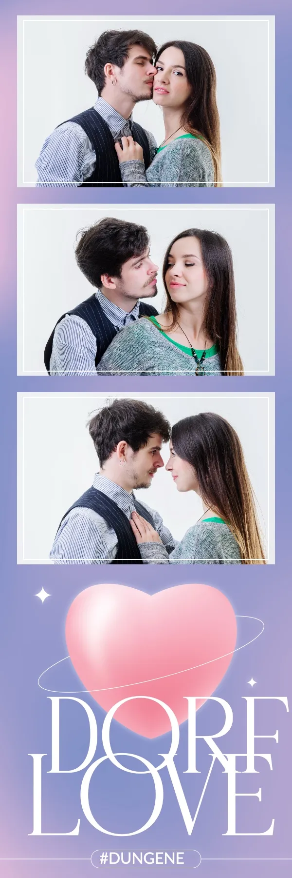 Fotobox Layout Liebesbriefe im Streifen-Format – Verträumtes Lila-Rosa-Design mit 3D-Herzballon und Glitzersternen für romantische Anlässe