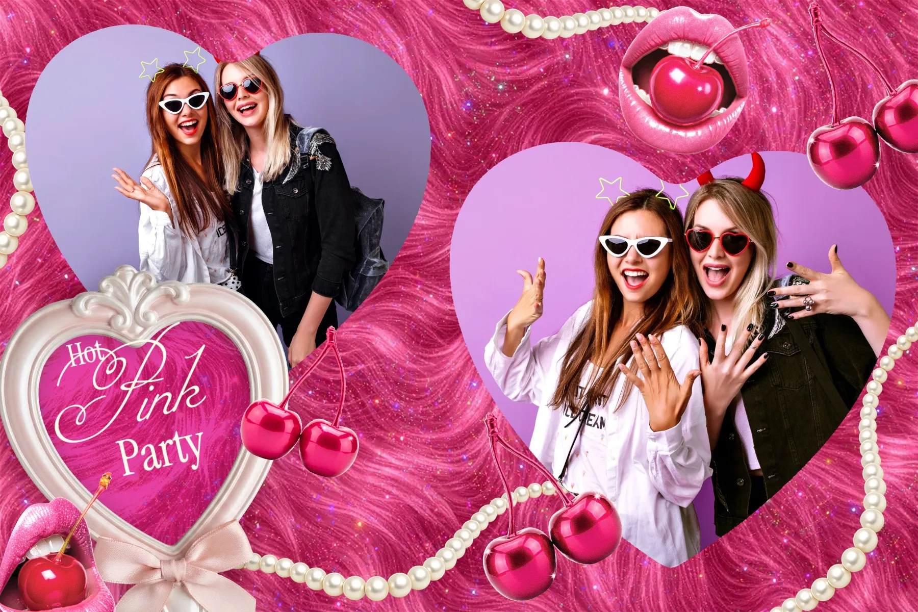 Fotobox Layout Hot Pink Party im Standard-Format – Knalliges Pink-Design mit Herzrahmen, Kirschen und Perlen für eine wilde Party