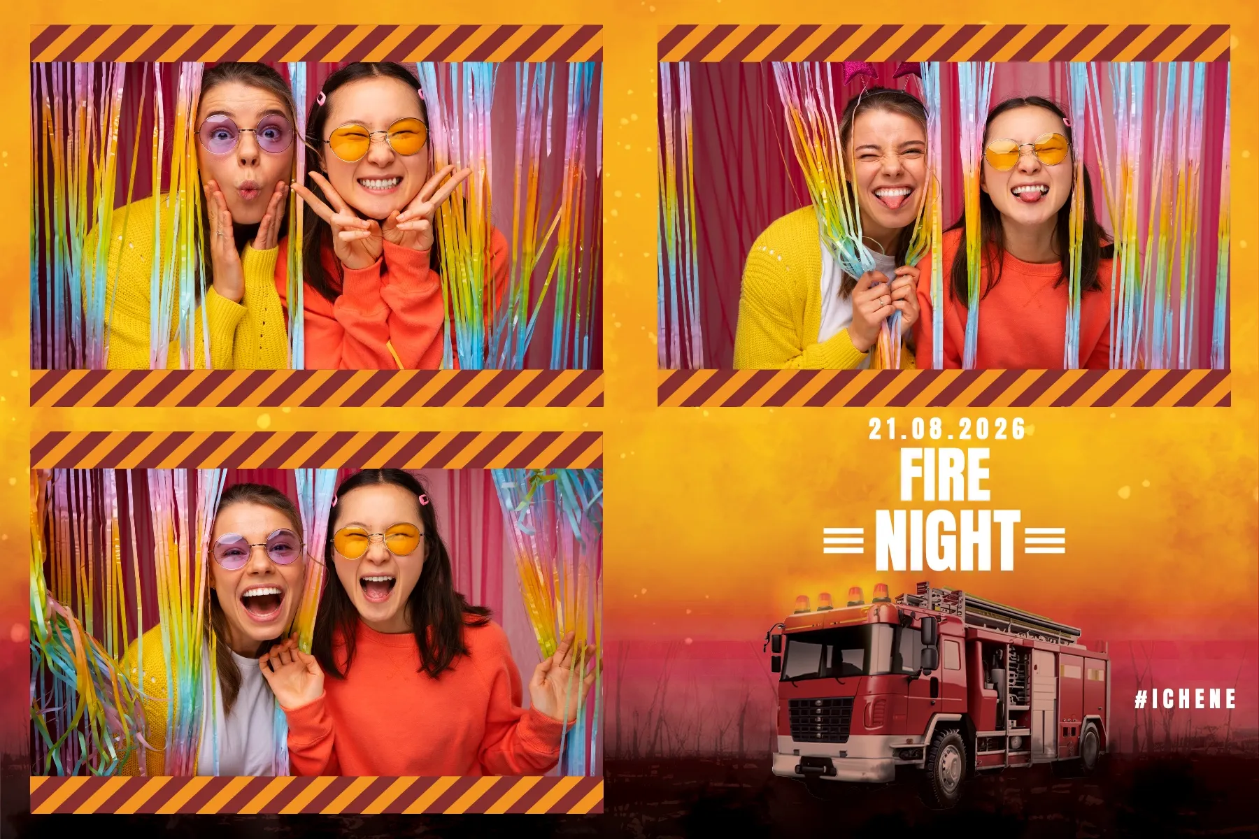 Fotobox Layout Feuerwehrnacht im Standard-Format – Dynamisches Design mit Blaulicht und Feuerwehr-Motiven für den Kameradschaftsabend