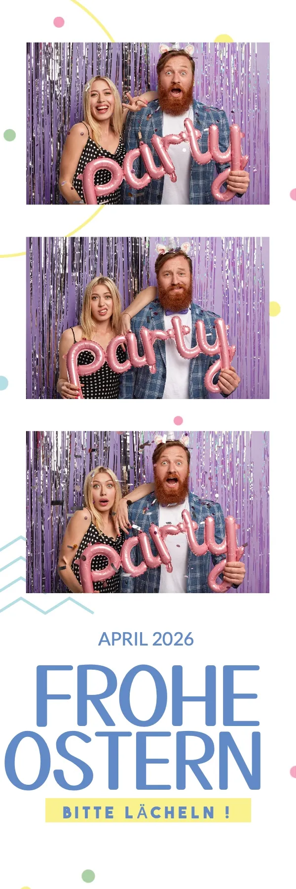 Fotobox Layout Osterei Pastell im Streifen-Format – Verspieltes Oster-Design mit Pastellfarben und Konfetti-Akzenten für Osterfeiern und Frühlingsfeste