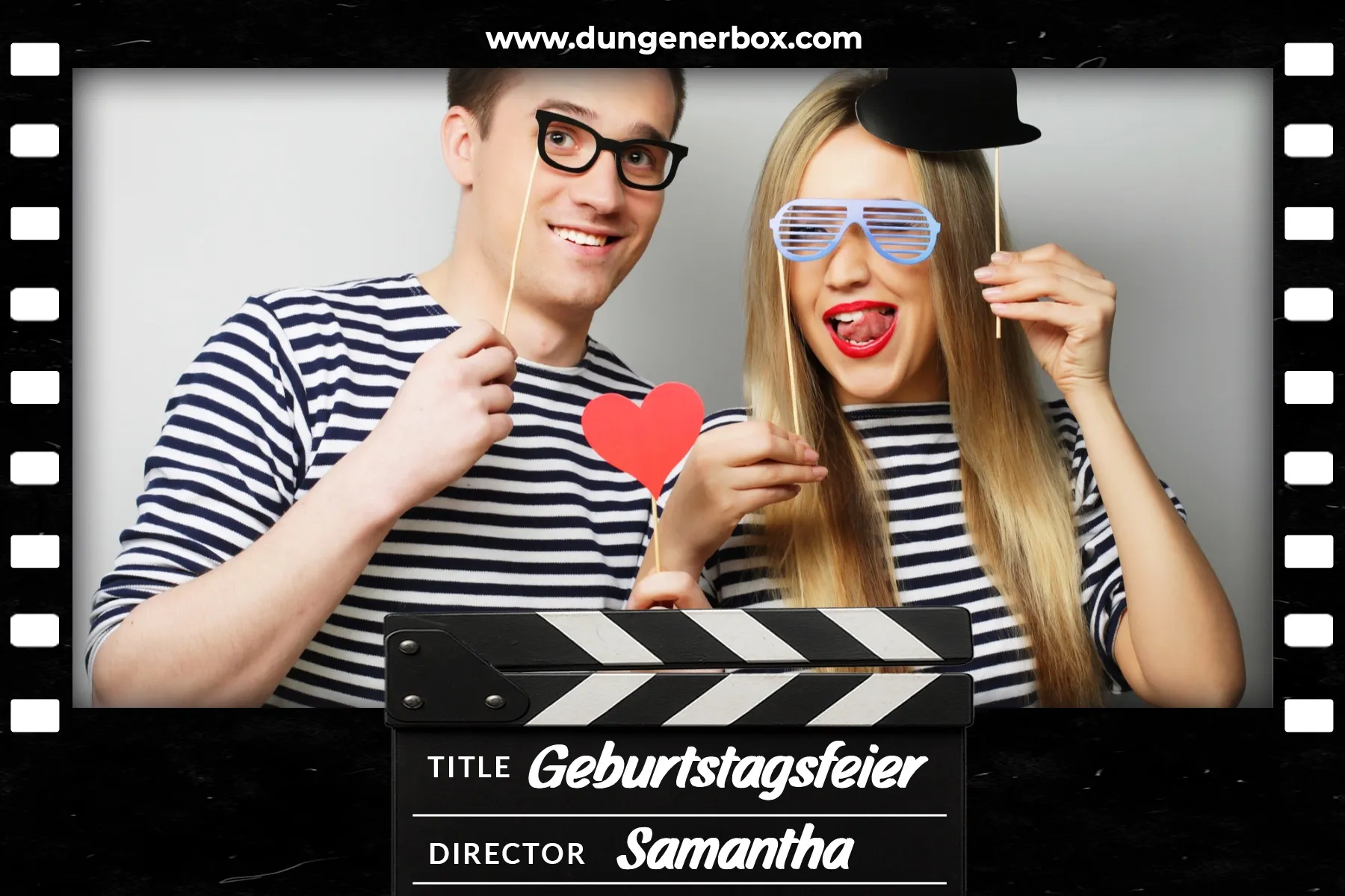 Fotobox Layout Überraschungsparty im Standard-Format – Verspieltes Design mit Geschenkboxen und Sternchen für Überraschungsfeiern