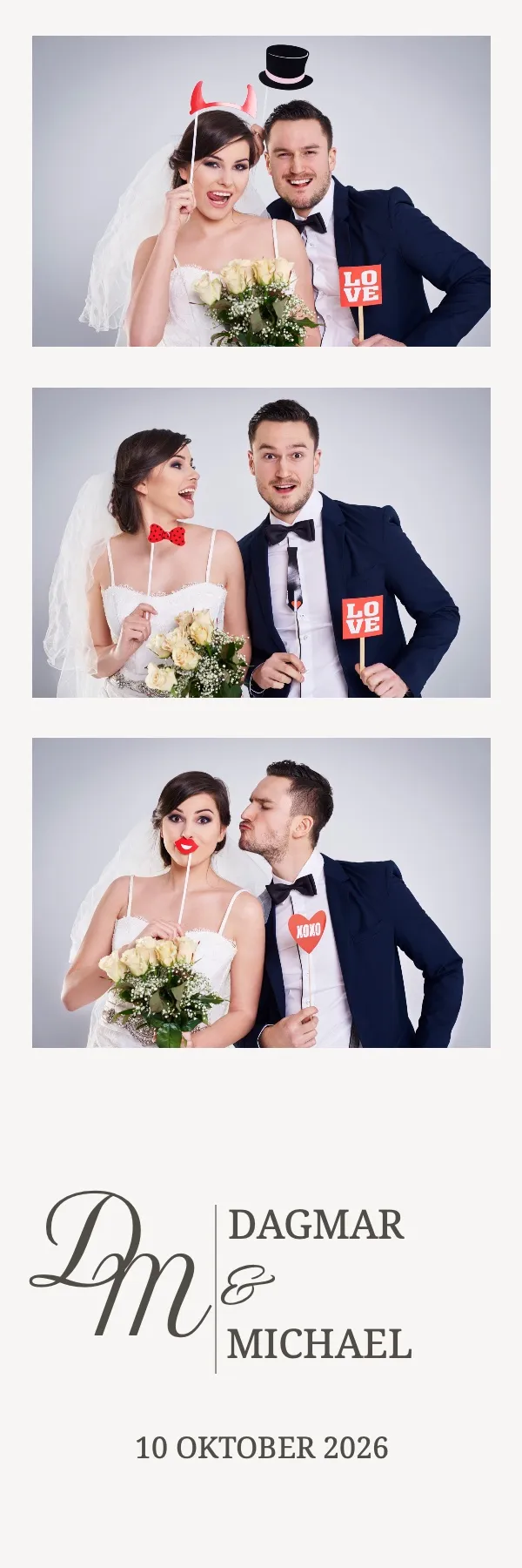 Fotobox Layout Hochzeit Formal im Streifen-Format – Schlichtes Grau-Design mit Monogramm-Initialen für eine formelle Hochzeitsfeier