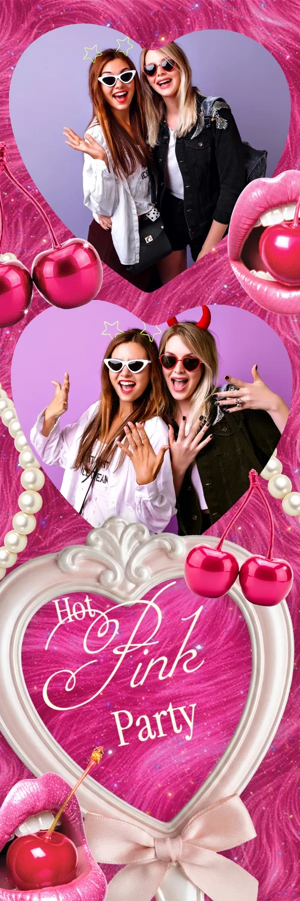 Fotobox Layout Hot Pink Party im Streifen-Format – Knalliges Pink-Design mit Herzrahmen, Kirschen und Perlen für eine wilde Party