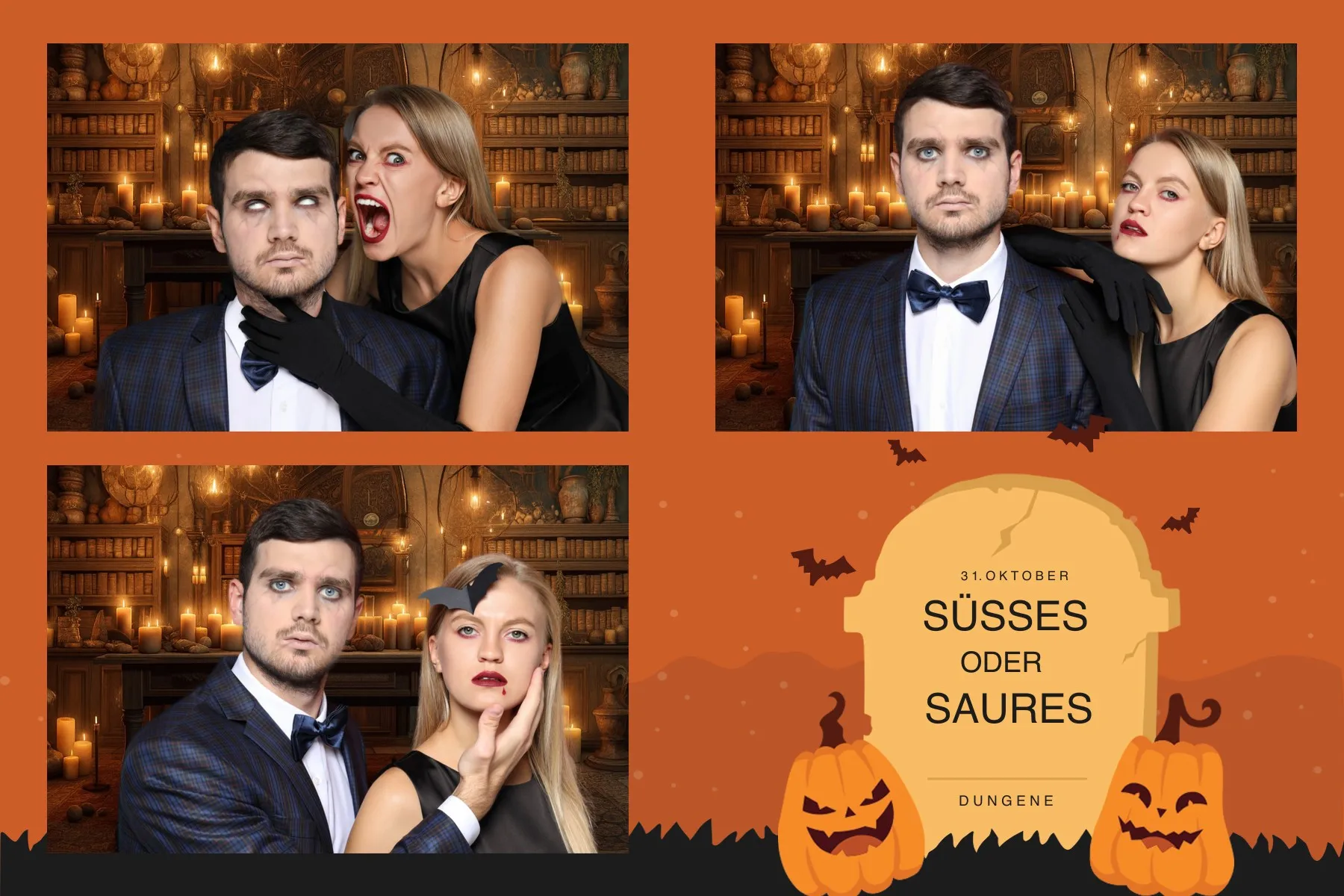 Fotobox Layout Süßes oder Saures im Standard-Format – Gruseliges Halloween-Design mit Kürbissen und Fledermäusen für Kinder und Familien
