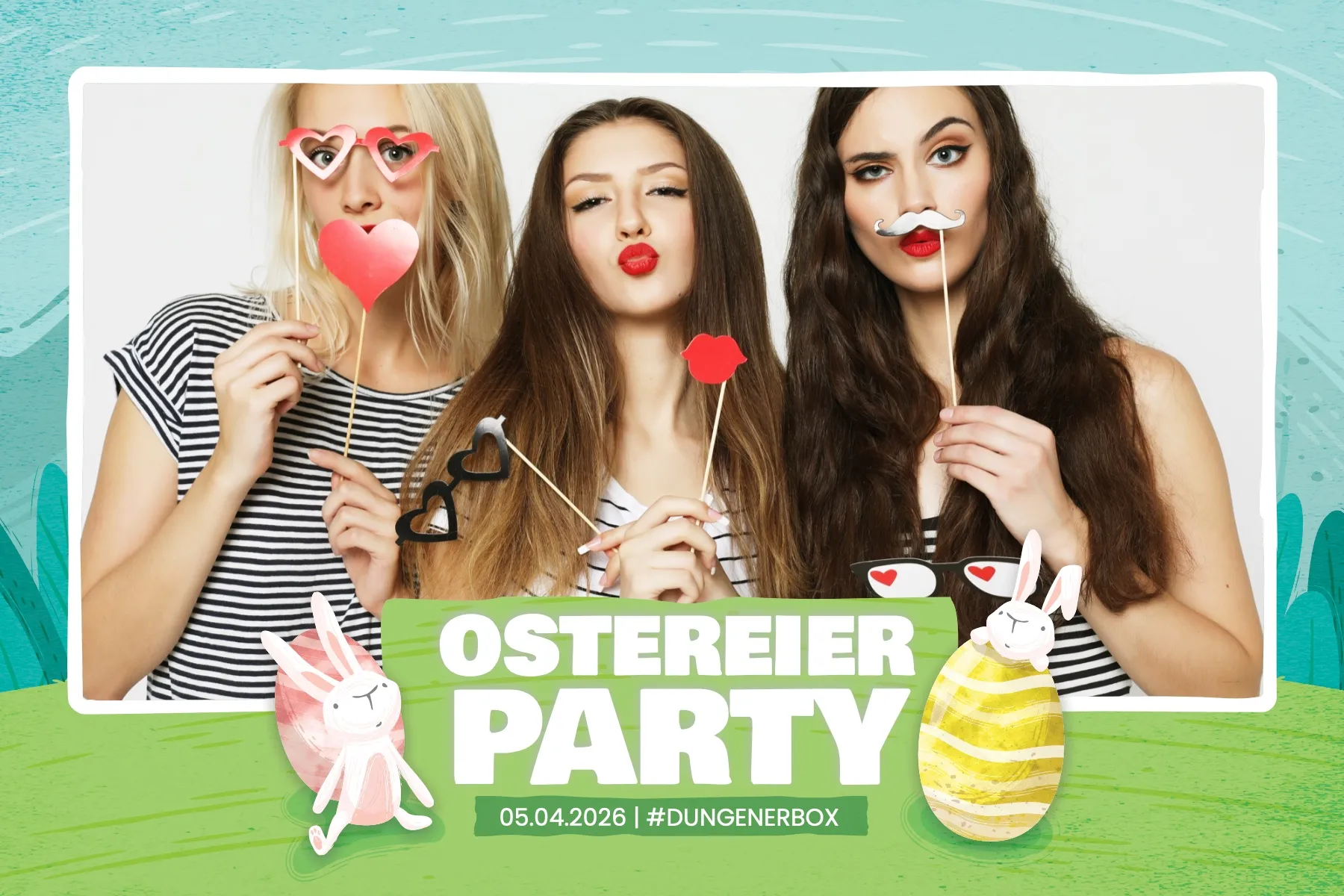 Fotobox Layout Ostereiersuche im Standard-Format – Fröhliches Osterdesign mit bunten Eiern und Frühlingswiese