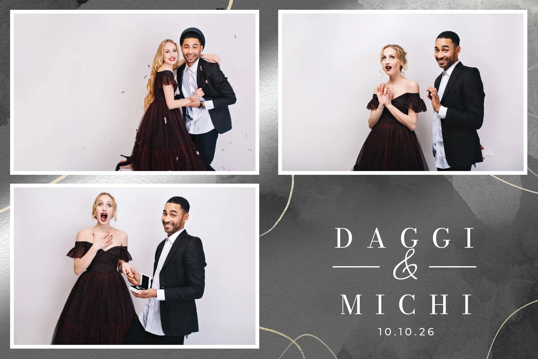 Fotobox Layout Hochzeit Eleganz Grau im Standard-Format – Elegantes Aquarell-Design in Grautönen mit feinen Goldlinien für eine stilvolle Hochzeit