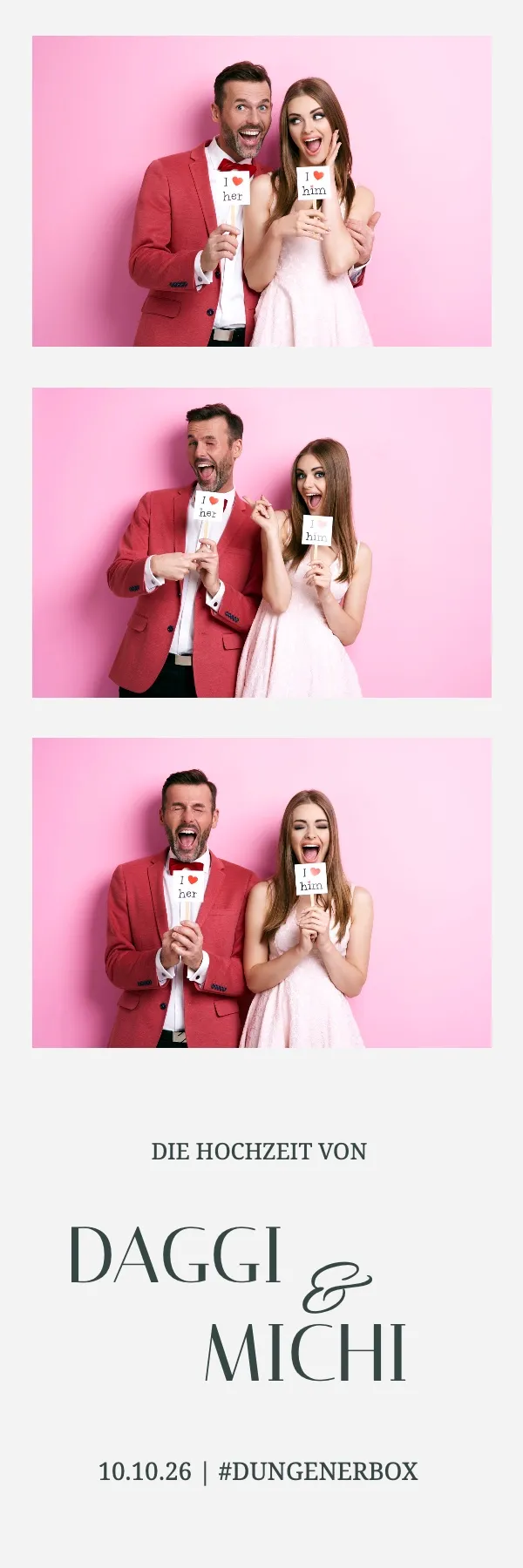 Fotobox Layout Hochzeit Traditionell im Streifen-Format – Rosafarbener Hintergrund mit eleganter Serifenschrift für eine traditionelle Hochzeitsfeier