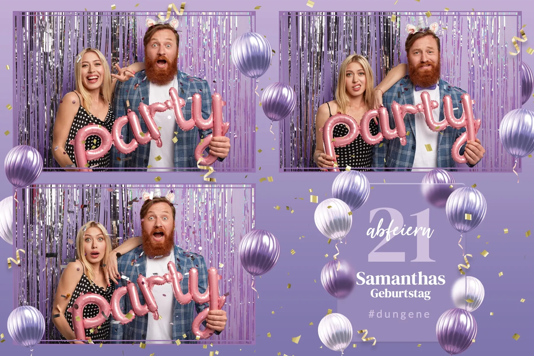 Fotobox Layout Flieder Ballonparty im Standard-Format – Fliederfarbenes Design mit silbernen Ballons und Konfetti für die perfekte Geburtstagsparty