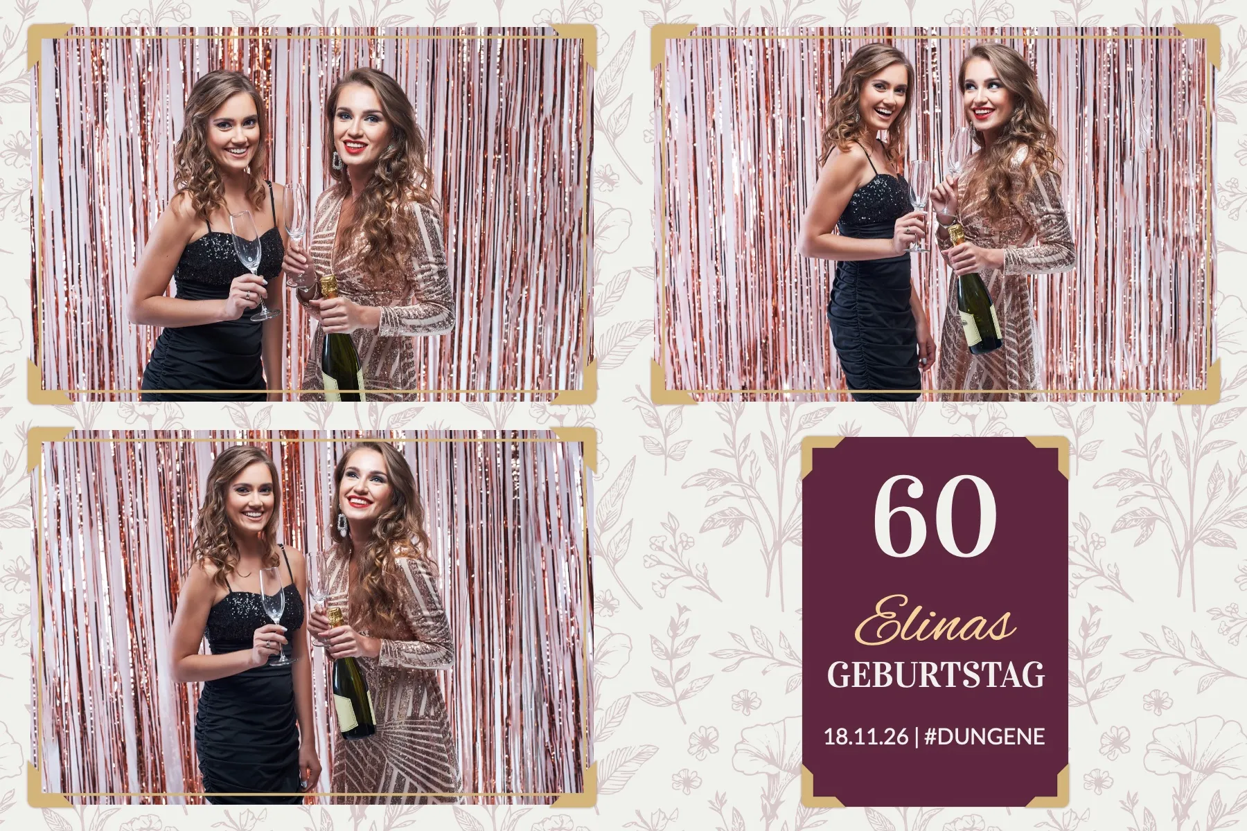 Fotobox Layout Bordeaux Elegant im Standard-Format – Bordeauxrotes Design mit Roségold-Glitzervorhang für eine elegante Geburtstagsfeier