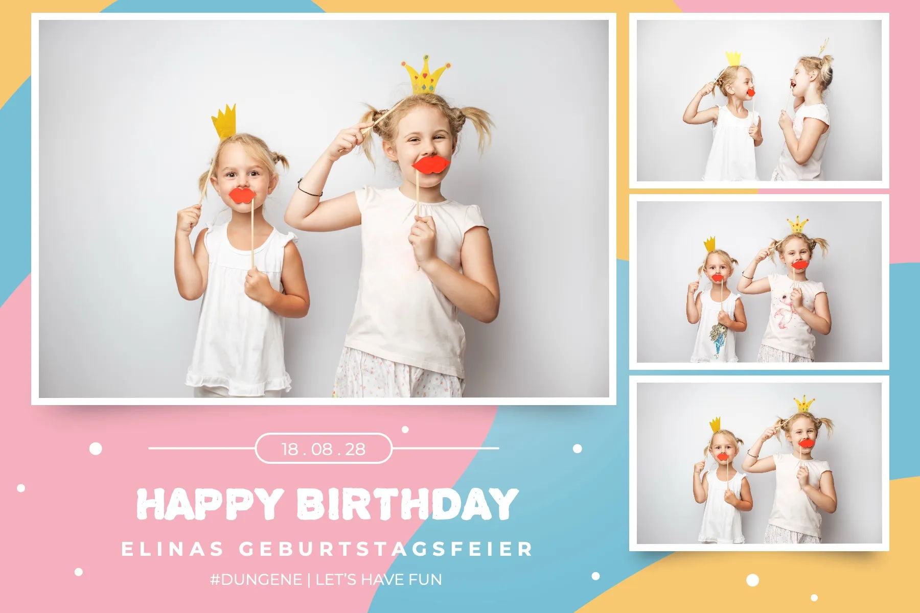 Fotobox Layout Konfetti & Kuchen im Standard-Format – Buntes Partydesign mit Konfetti und Girlanden zum Geburtstag