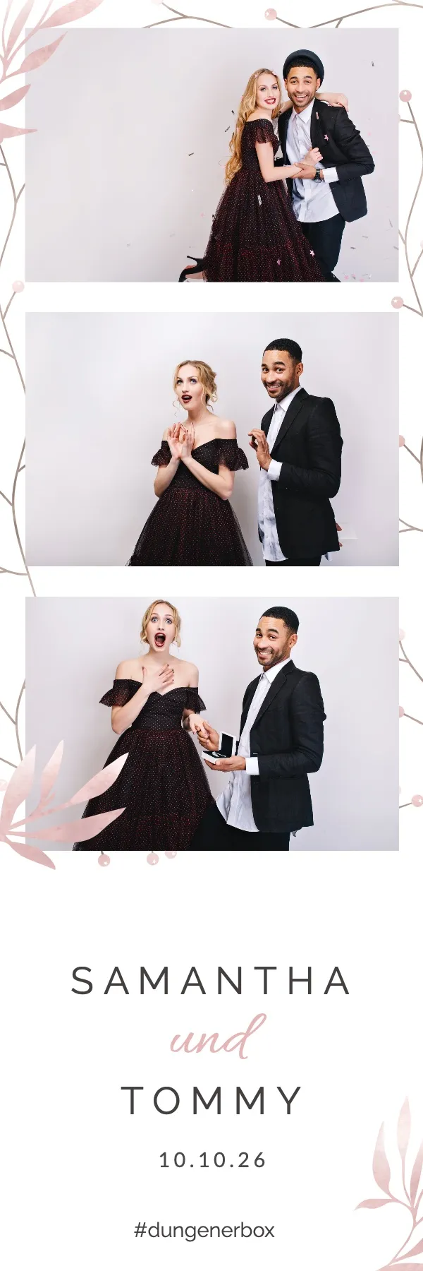 Fotobox Layout Hochzeit Allura im Streifen-Format – Zartes Design mit roségoldenen Blätterzweigen und Perlen für eine romantische Hochzeitsfeier