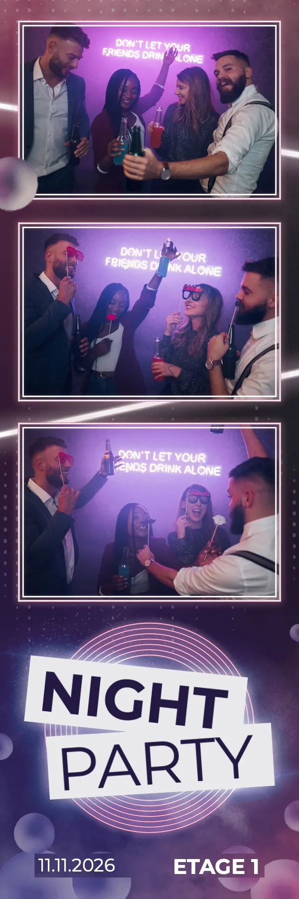 Fotobox Layout Nachtclub Party im Streifen-Format – Dunkles Club-Design mit Neon-Lichteffekten und Lichtkugeln für die Partynacht