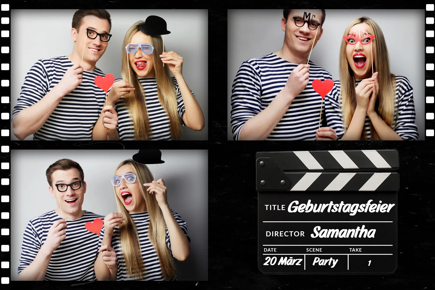 Fotobox Layout Überraschungsparty im Standard-Format – Verspieltes Design mit Geschenkboxen und Sternchen für Überraschungsfeiern