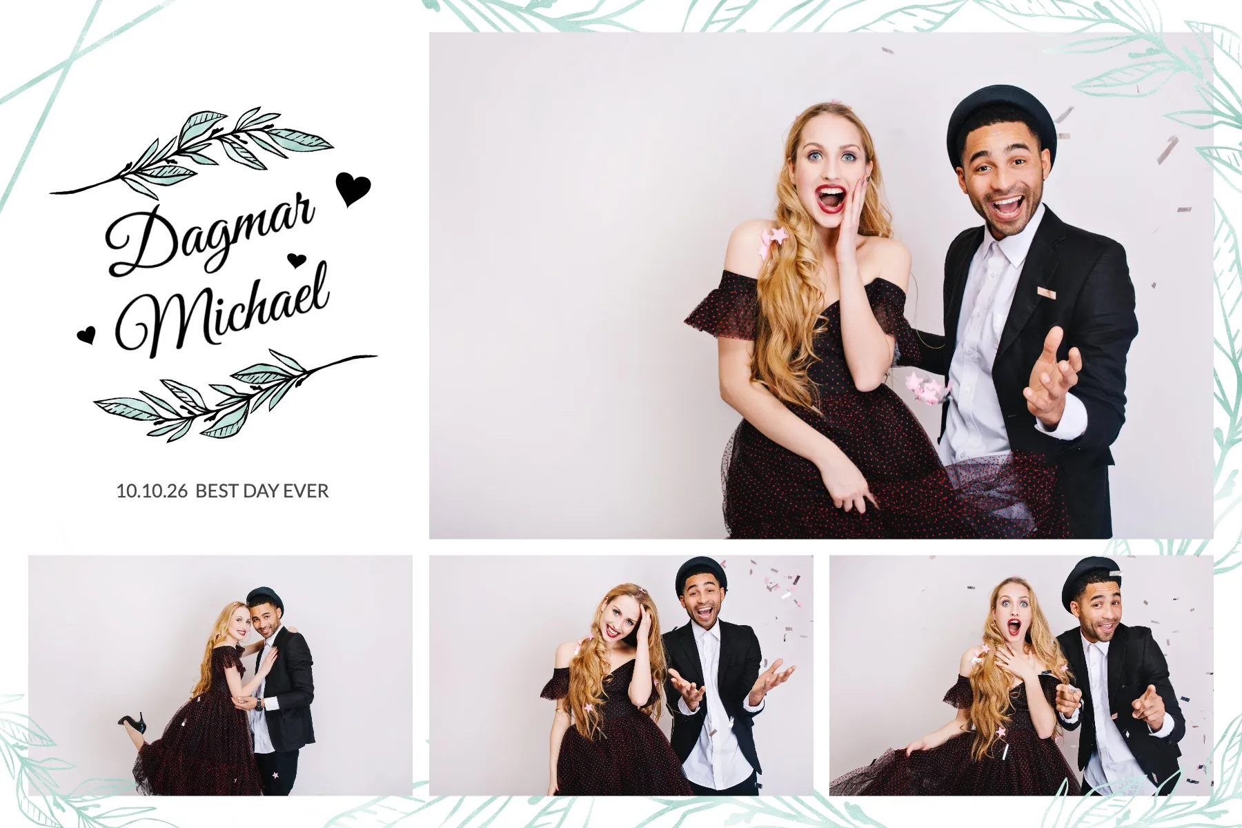 Fotobox Layout Hochzeit Best Day im Standard-Format – Frisches Design mit mintgrünen Blattzweigen und Herzen für den schönsten Tag