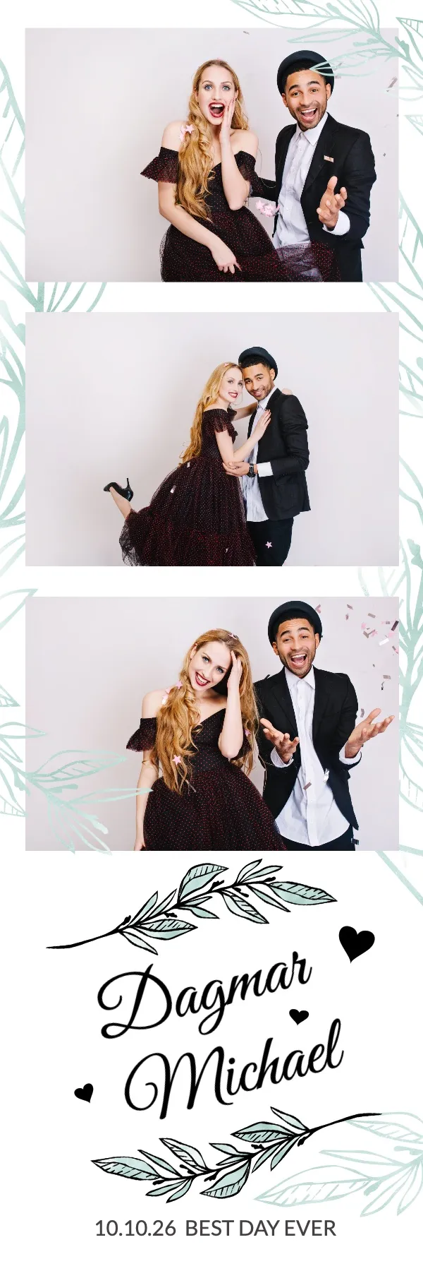Fotobox Layout Hochzeit Best Day im Streifen-Format – Frisches Design mit mintgrünen Blattzweigen und Herzen für den schönsten Tag