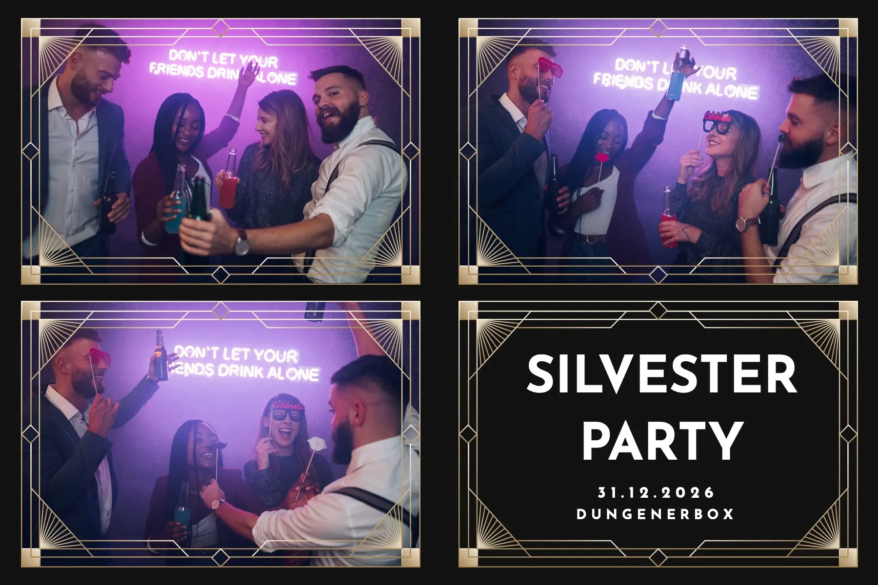 Fotobox Layout Silvester Minimal im Standard-Format – Reduziertes Silvesterdesign mit klarer Typografie und Countdown