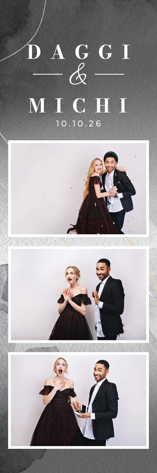 Fotobox Layout Hochzeit Eleganz Grau im Streifen-Format – Elegantes Aquarell-Design in Grautönen mit feinen Goldlinien für eine stilvolle Hochzeit