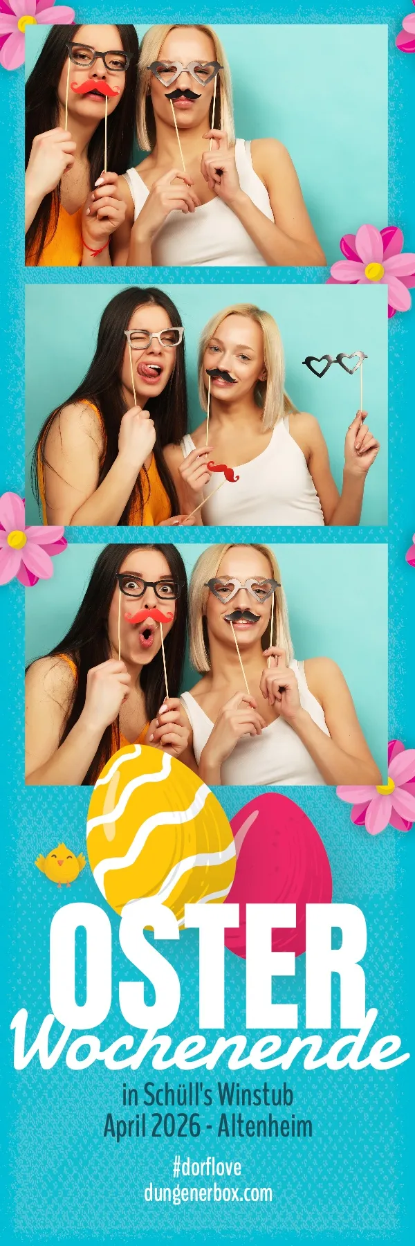 Fotobox Layout Oster-Brunch Türkis im Streifen-Format – Fröhliches Türkis-Design mit bunten Ostereiern und Blumen für Osterbrunch und Frühlingsfeste