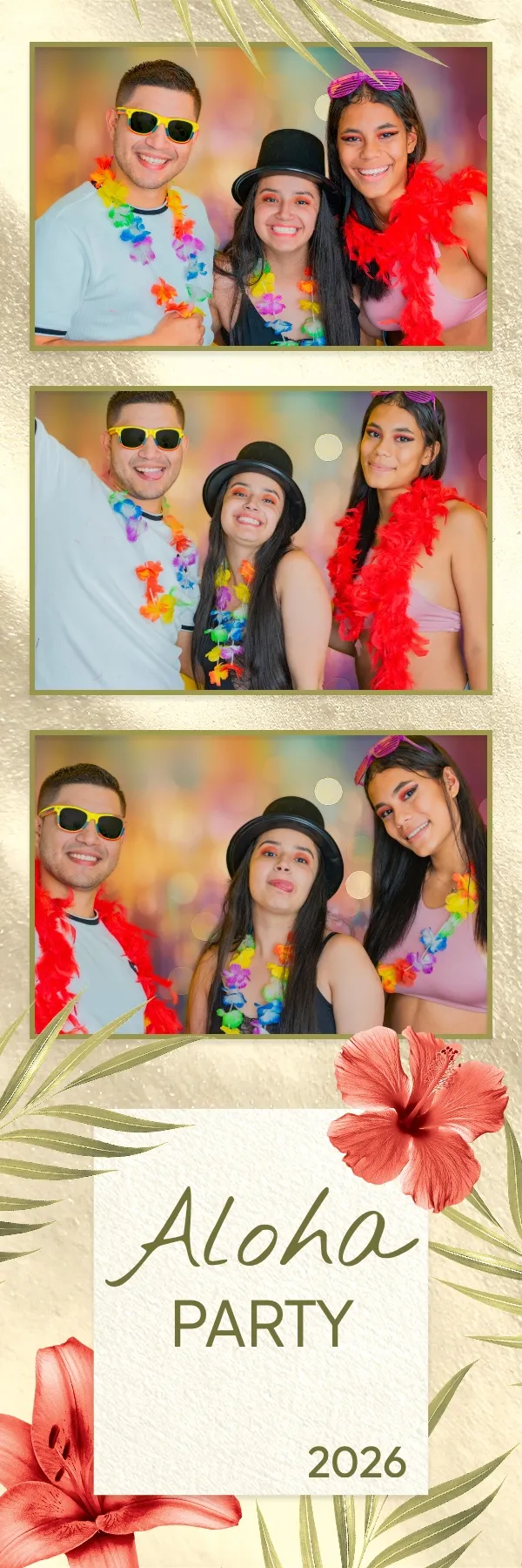 Fotobox Layout Aloha Tropicana im Streifen-Format – Hawaiianisches Partydesign mit Palmen und tropischen Blüten
