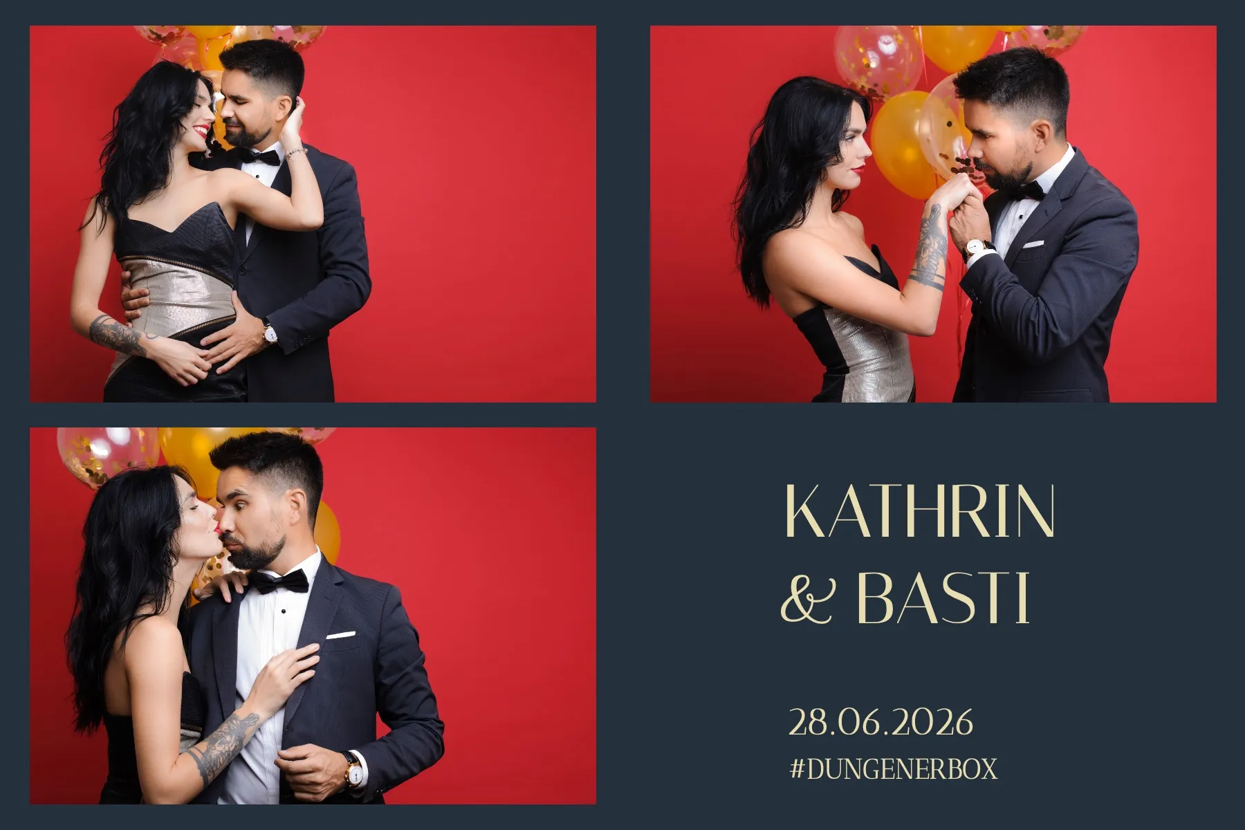 Fotobox Layout Hochzeit Romantisch im Standard-Format – Dunkles Petrol-Gold-Design mit eleganter Schrift für eine glamouröse Hochzeitsfeier