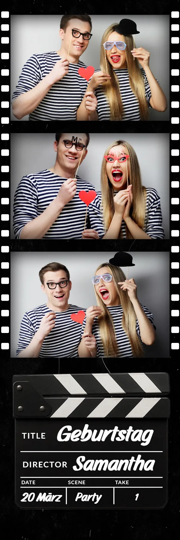 Fotobox Layout Überraschungsparty im Streifen-Format – Verspieltes Design mit Geschenkboxen und Sternchen für Überraschungsfeiern