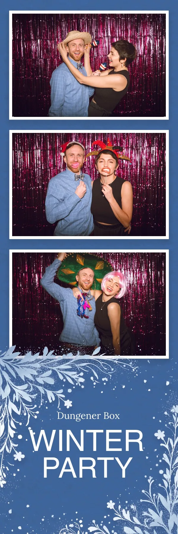 Fotobox Layout Winterparty im Streifen-Format – Blaues Winterdesign mit floralen Schneemotiven für die Weihnachtsfeier
