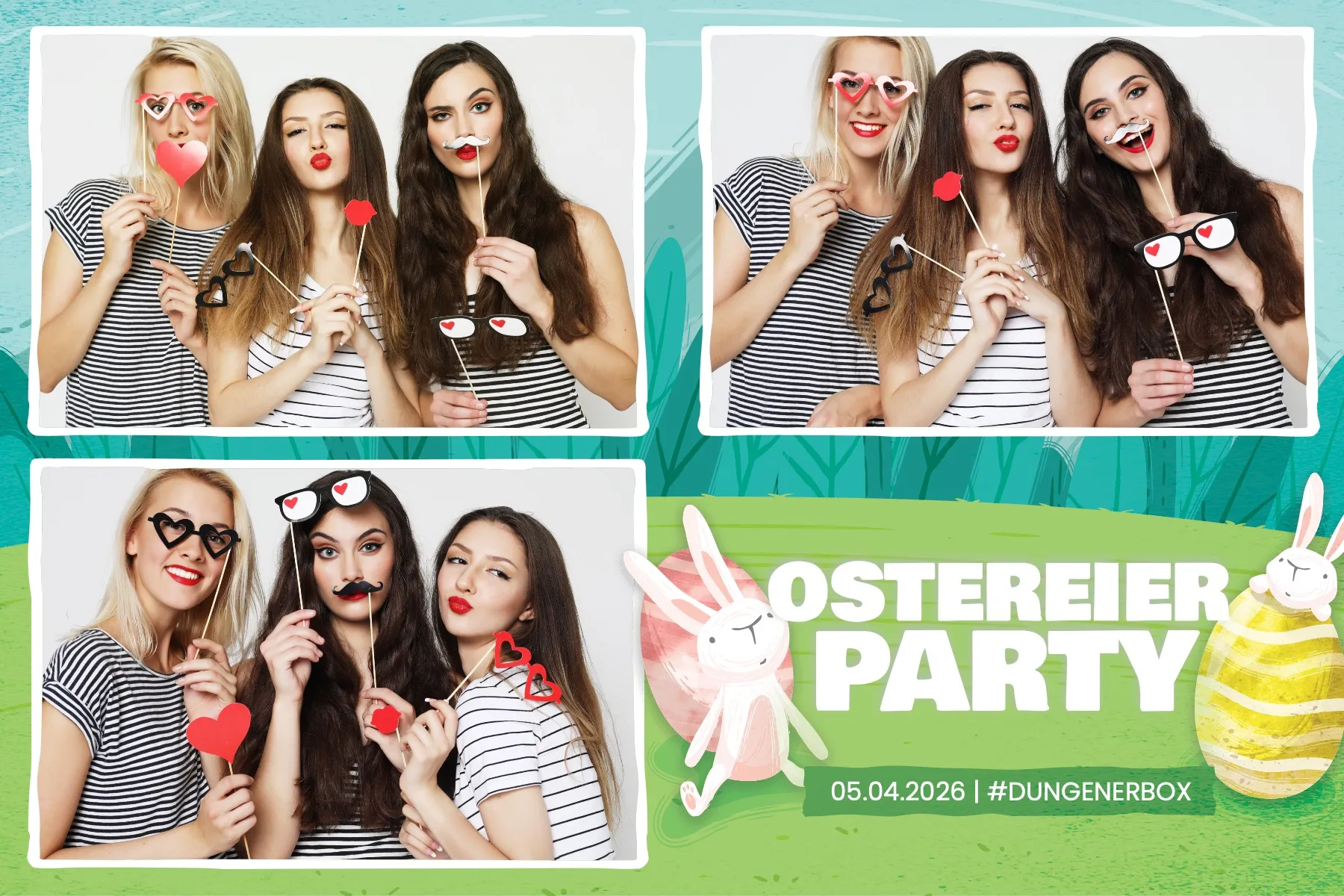 Fotobox Layout Ostereiersuche im Standard-Format – Fröhliches Osterdesign mit bunten Eiern und Frühlingswiese