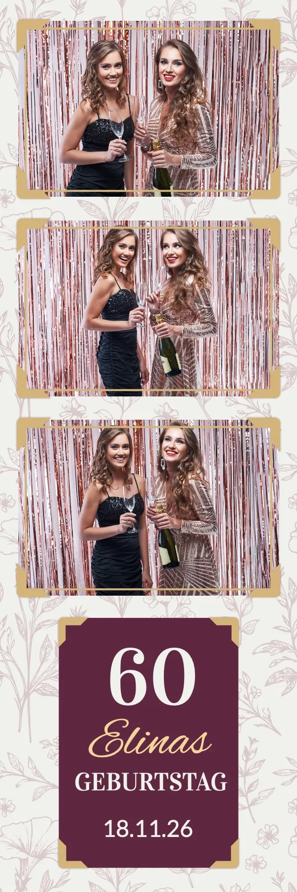 Fotobox Layout Bordeaux Elegant im Streifen-Format – Bordeauxrotes Design mit Roségold-Glitzervorhang für eine elegante Geburtstagsfeier