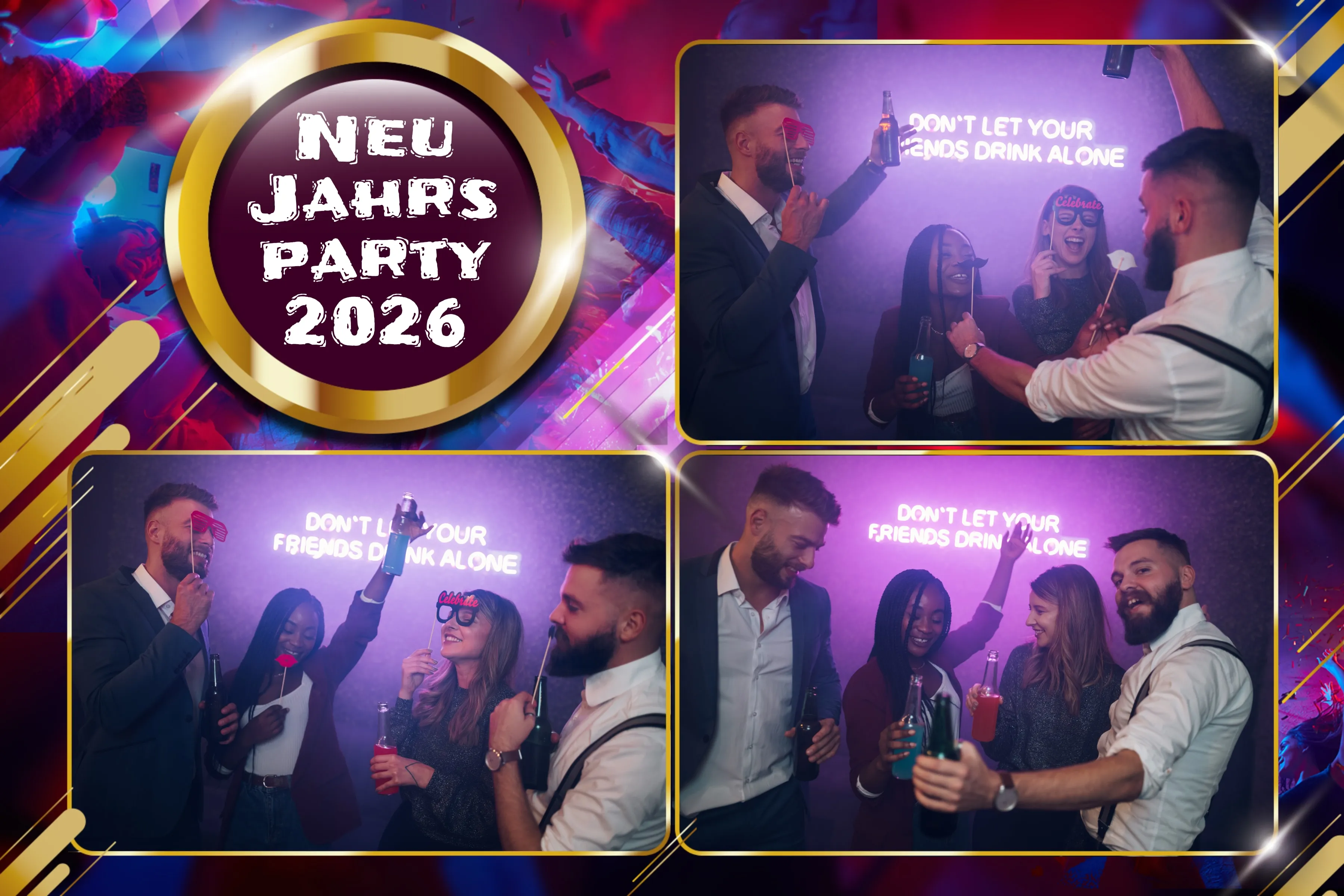 Fotobox Layout Neujahrsparty im Standard-Format – Festliches Silvester-Design mit goldener Medaille und Neon-Party-Atmosphäre