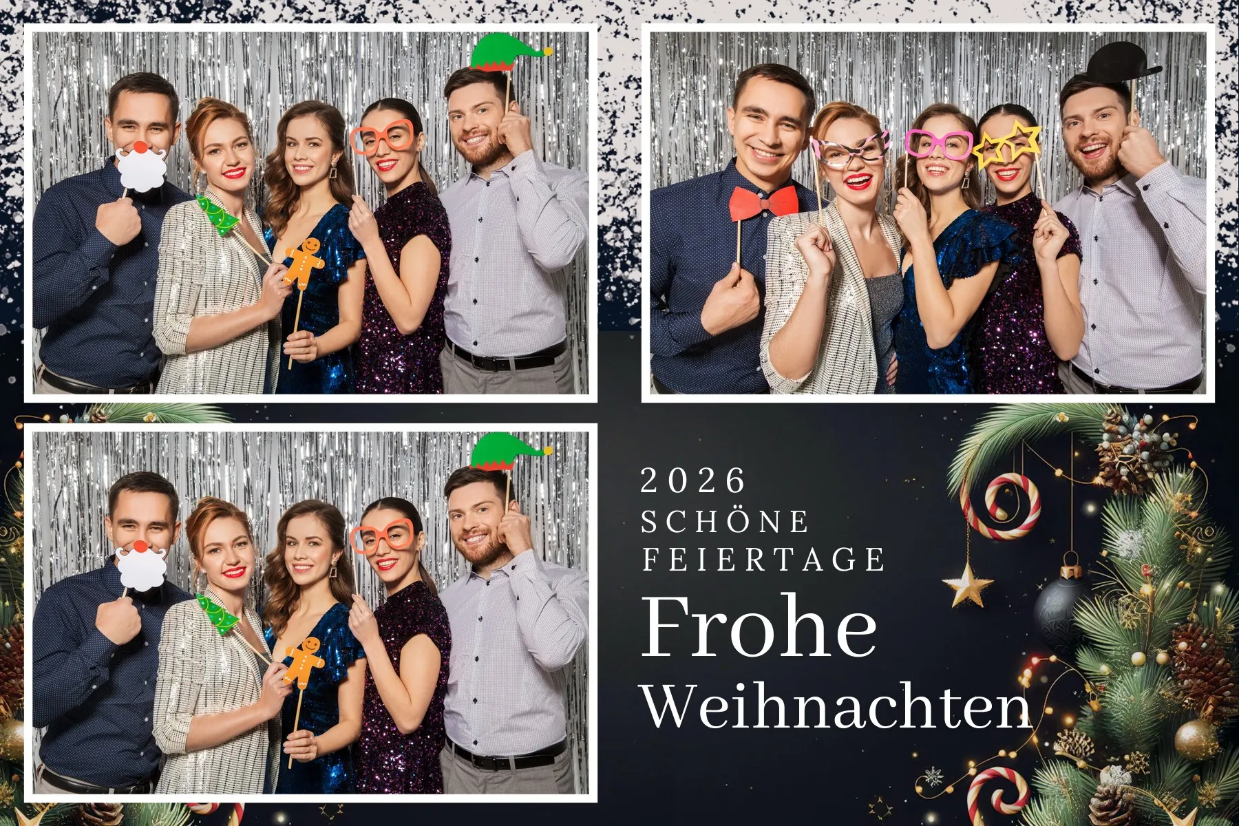 Fotobox Layout Frohe Weihnachten im Standard-Format – Klassisches Weihnachtsdesign mit Schnee, Tannenbaum und festlicher Stimmung