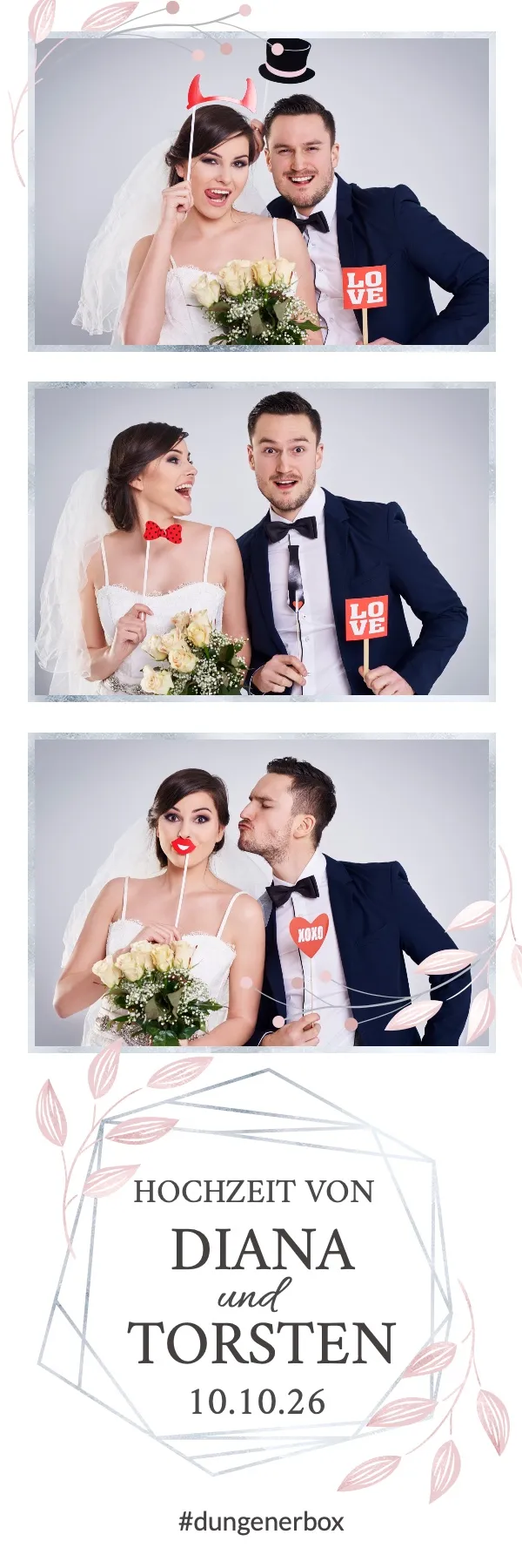 Fotobox Layout Hochzeit Klassisch im Streifen-Format – Sanftes Blattdesign in Grautönen mit zarten Punkten für eine klassische Hochzeit