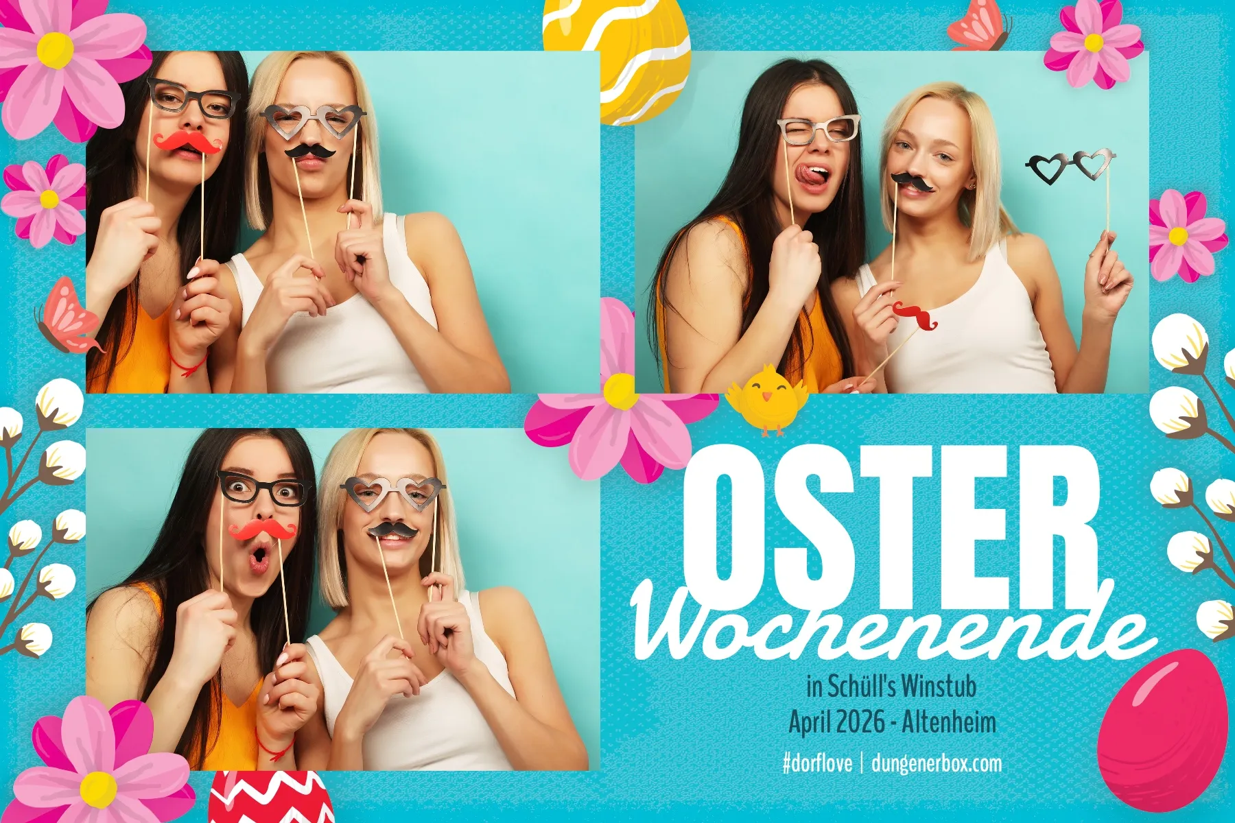 Fotobox Layout Oster-Brunch Türkis im Standard-Format – Fröhliches Türkis-Design mit bunten Ostereiern und Blumen für Osterbrunch und Frühlingsfeste