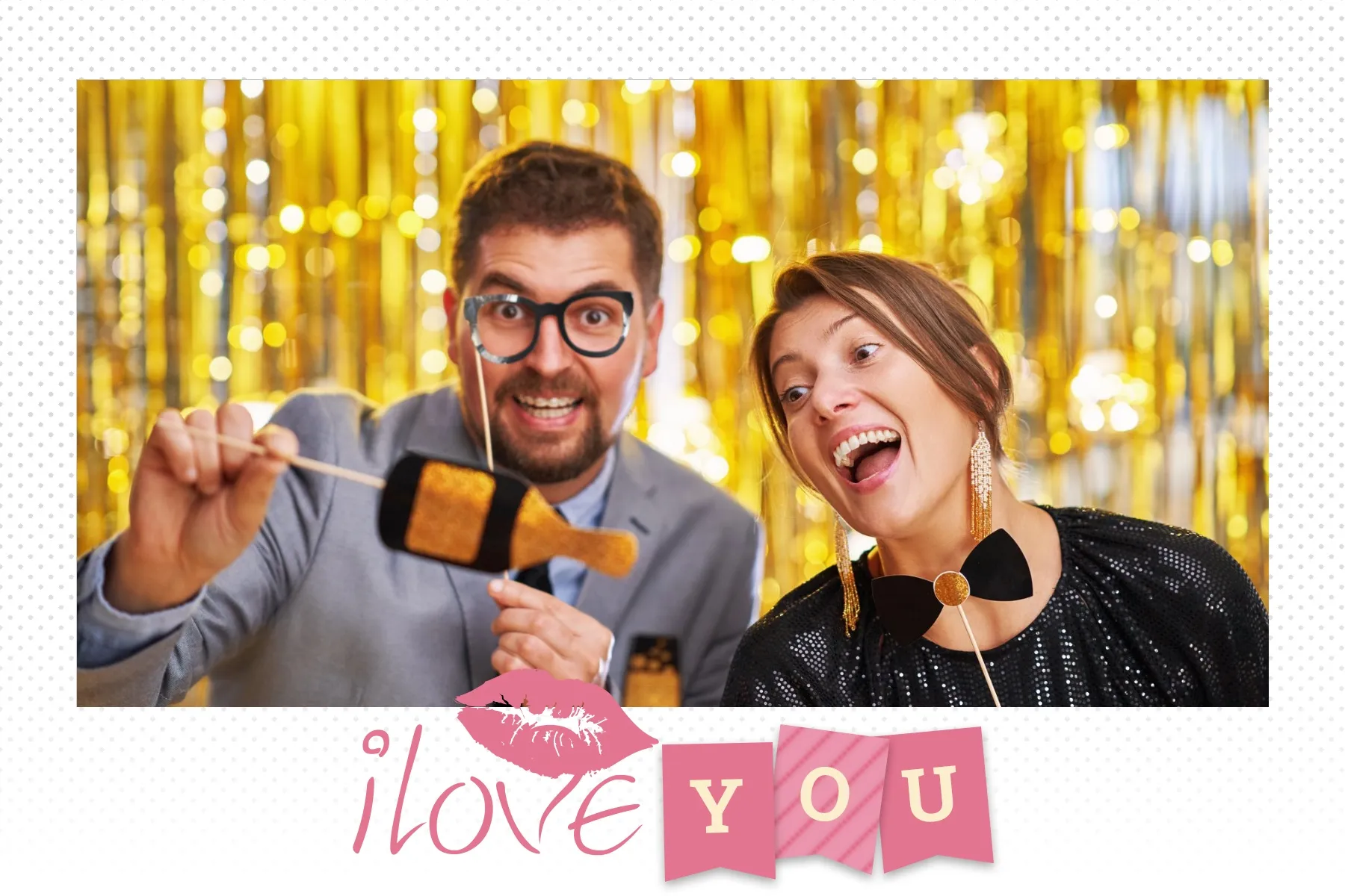 Fotobox Layout I Love You im Standard-Format – Rosa I-Love-You-Schriftzug mit Kussmund auf gepunktetem Hintergrund für romantische Anlässe